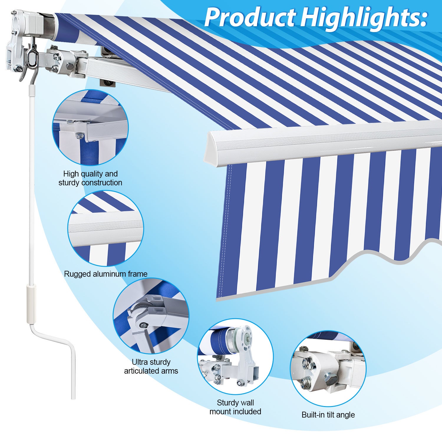350x300cm Store Banne manuel pour terrasse Retractable Toile premium 280g/m² en Aluminium avec Manivelle et Angle Reglable Bleu Beige - 5