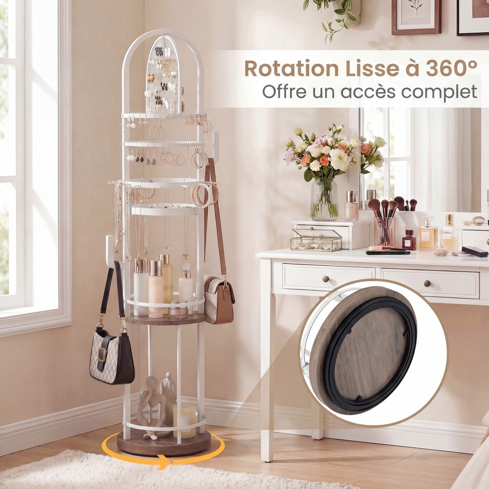 Support de Bijoux sur Pied Rotatif à 360° , Présentoir à Bijoux avec Porte-Boucles d'Oreilles, Colliers et 3 Étagères, Arbre de Rangement, Gris - 4