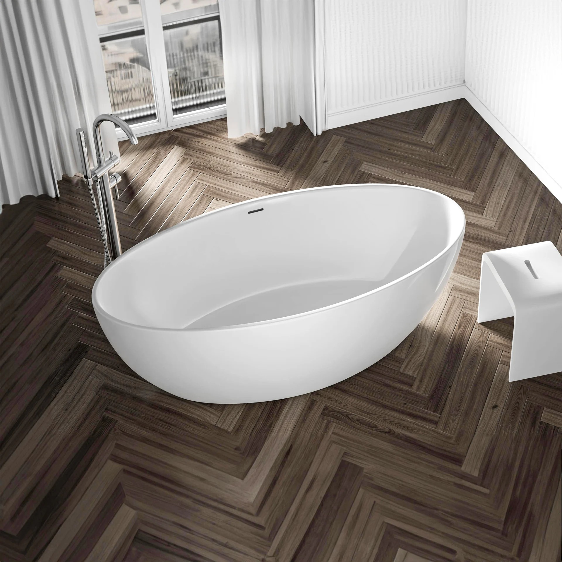 BERNSTEIN - Bañera exenta ovalada de acrílico 160x80x60cm Blanco brillo + Desagüe y rebosadero - TERRA 2.0 - 2