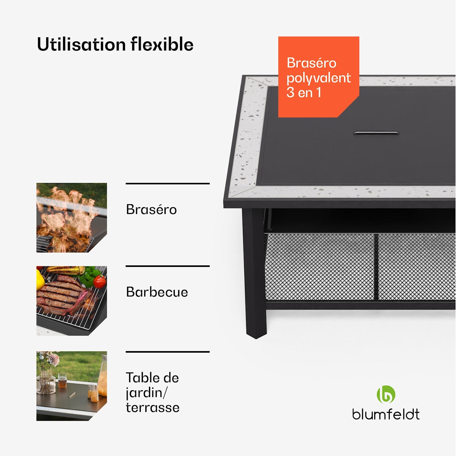 BLUMFELDT Merano Avanzato brasero 3 en 1 avec fonction barbecue utilisable comme table 87 x 87 cm Gris / argent - 3