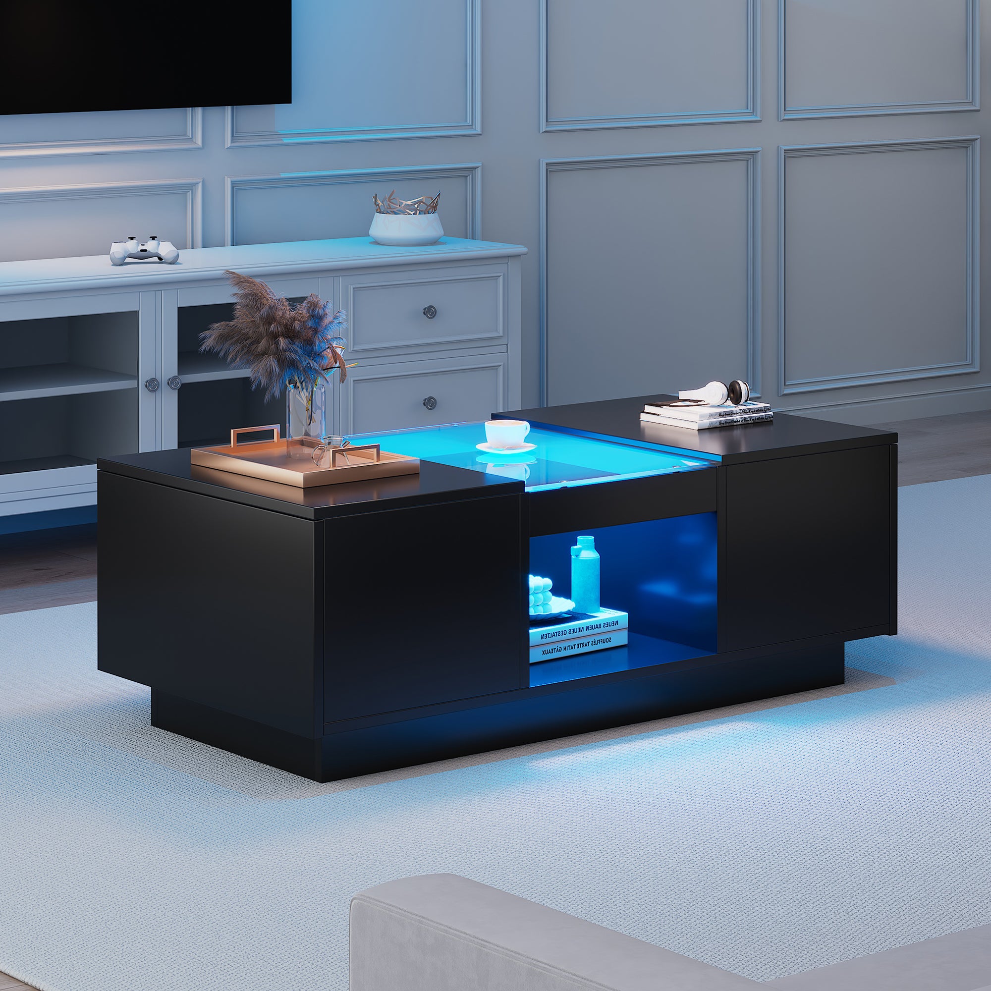 Stół kawowy czarny 100x50x35,5 cm - z LED, sterowaniem APP, 2 szuflady, szklana powierzchnia - 2