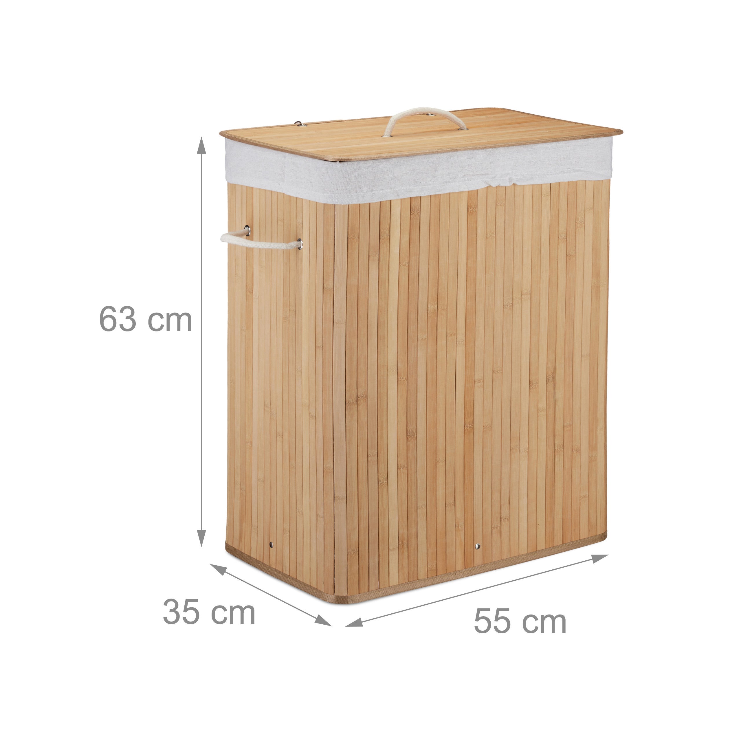 Corbeille à linge bambou, Panier à linge 2 compartiments, coffre pliable couvercle 95 litres, nature, Relaxdays - 4