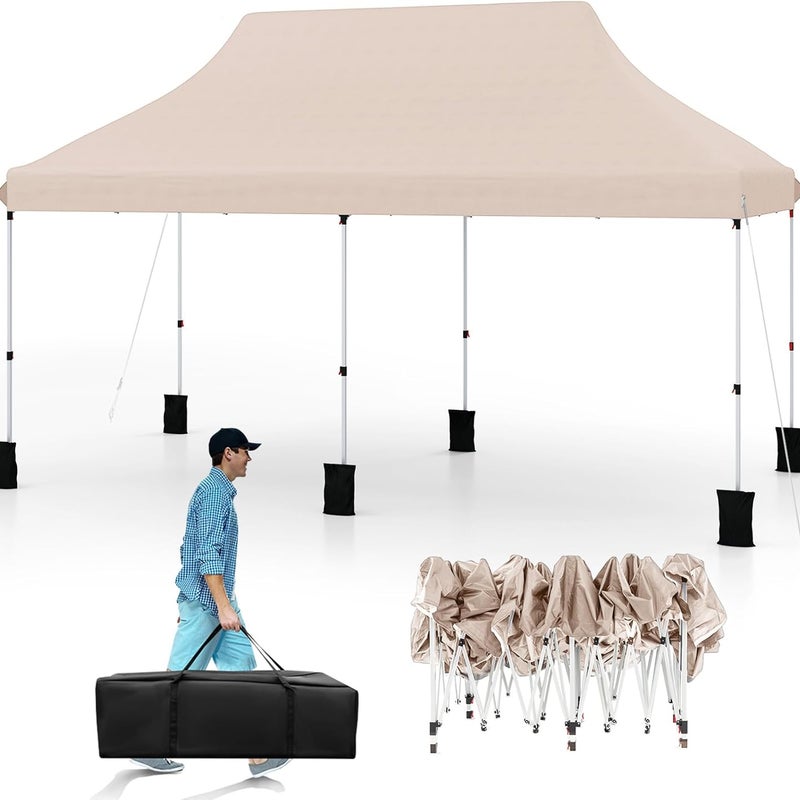Altana Ogrodowa 3x6 m, Składana, z Regulowaną Wysokością, Torba Transportowa, 6 Worków z Piaskiem, Przenośny Pawilon na Wesela, Pikniki, Beżowy