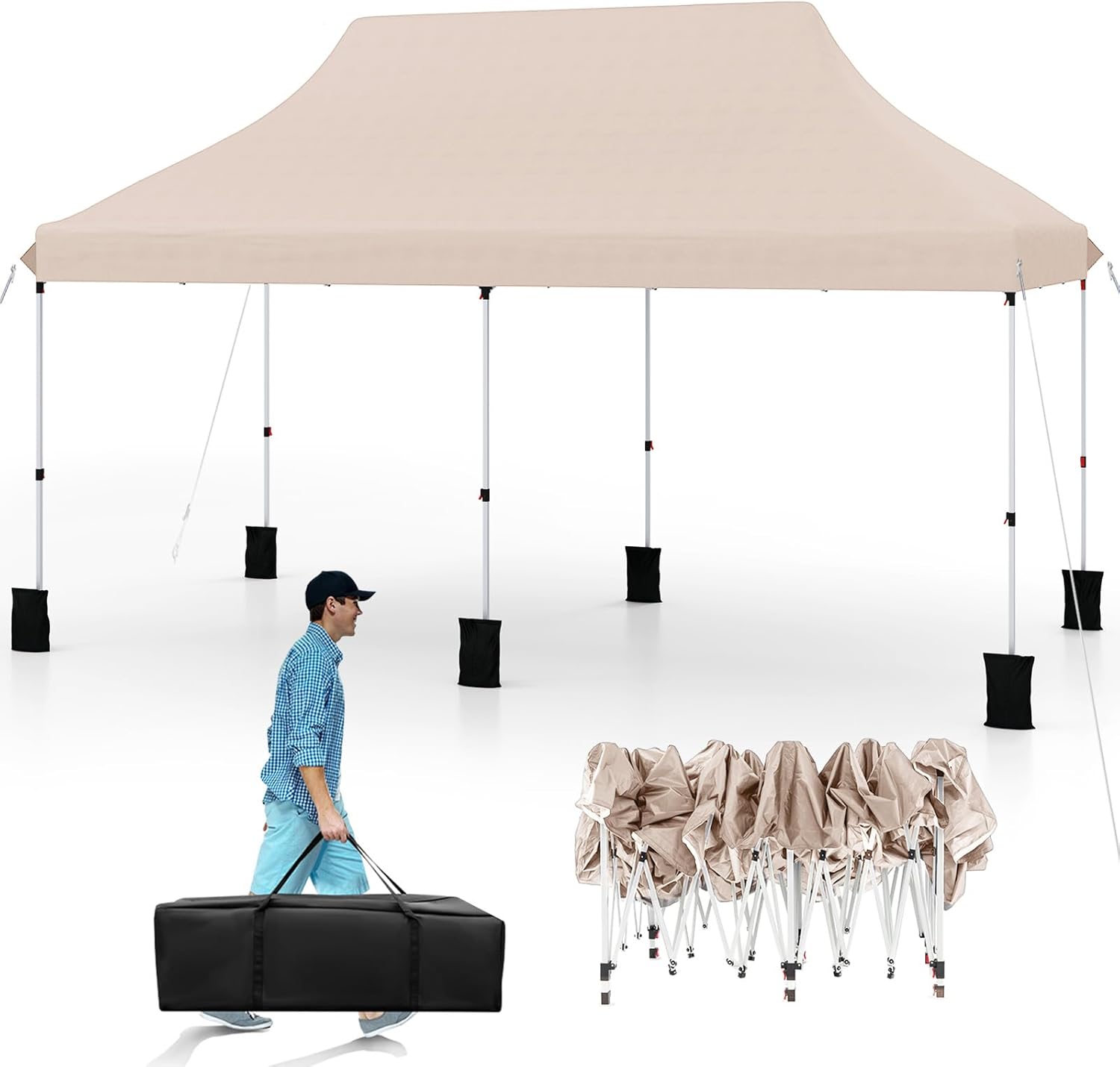 Altana Ogrodowa 3x6 m, Składana, z Regulowaną Wysokością, Torba Transportowa, 6 Worków z Piaskiem, Przenośny Pawilon na Wesela, Pikniki, Beżowy