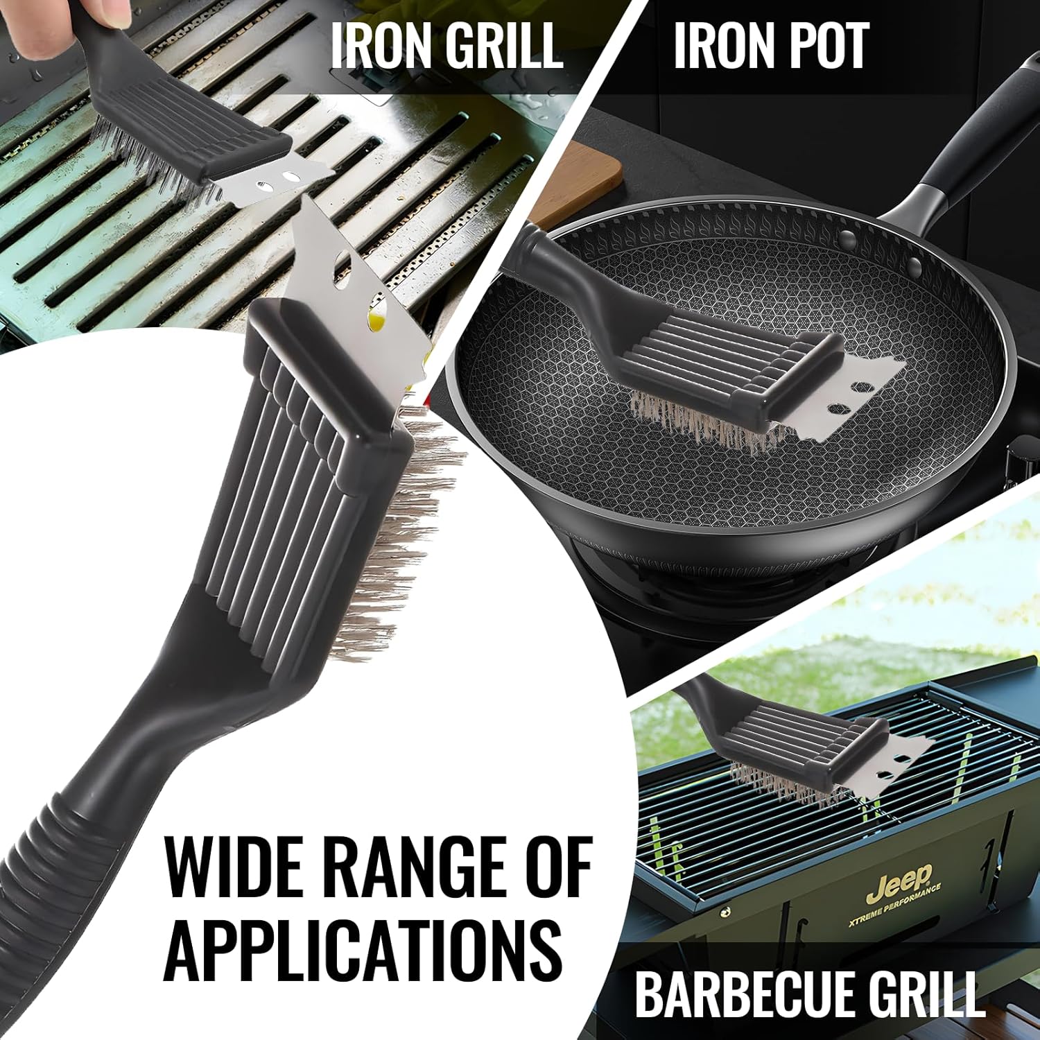 sztuki szczotki do czyszczenia grilla BBQ Szczotka do grilla ze szpatułką ze stali nierdzewnej w kolorze czarnym - 4