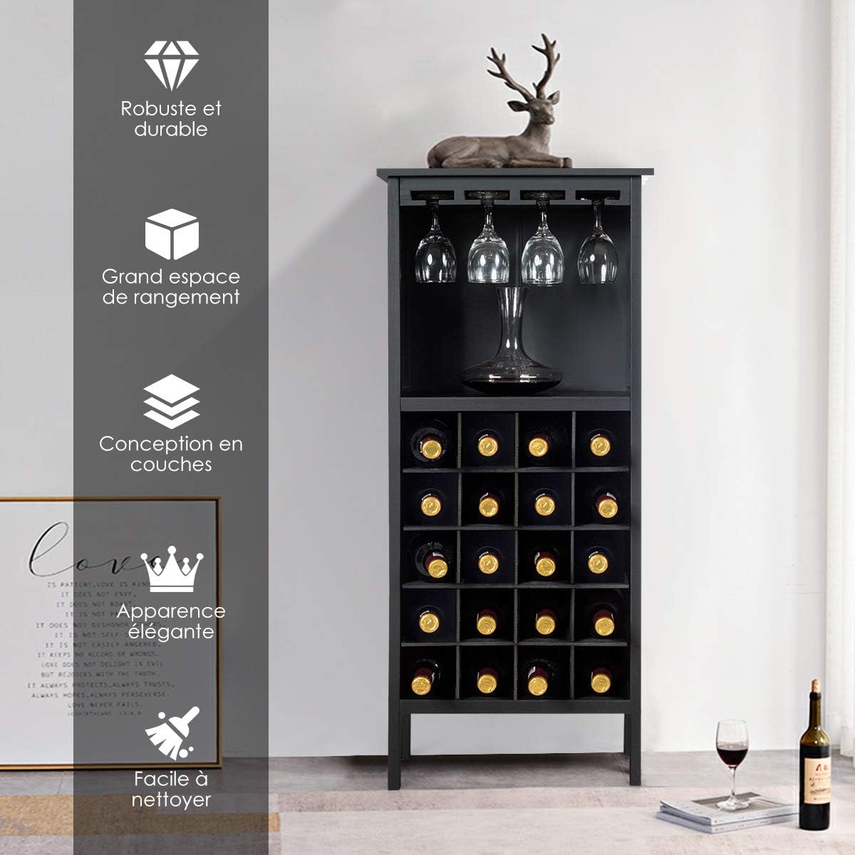 Casier a Vin, avec 20 Emplacements et Porte-gobelet, Etagere a Bouteille en Pin 42 x 24,5 x 96 CM pour Cave, Collier, Cuisine, Salon, Chambre (Noir) - 4