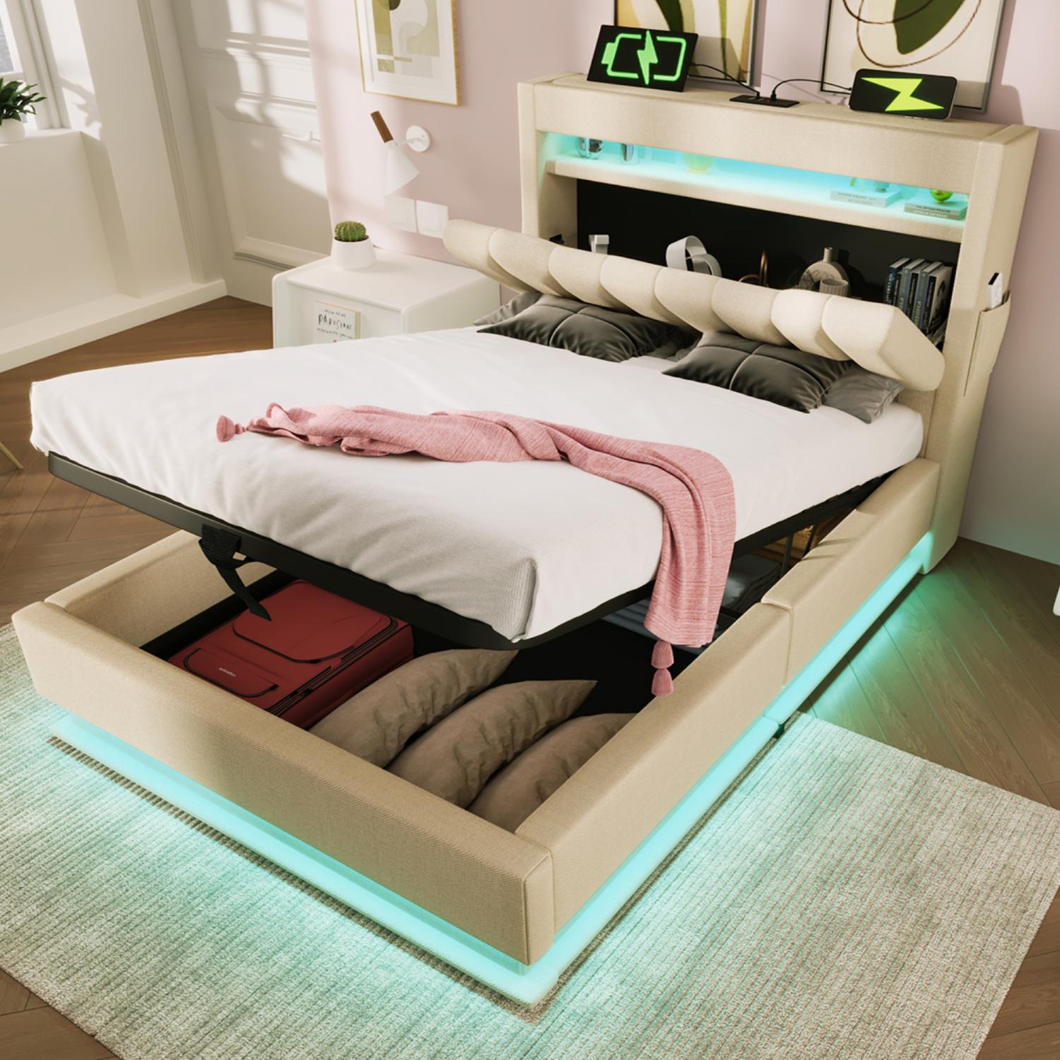Łóżko tapicerowane 90x200cm z zagłówkiem LED, USB/Type-C, hydraulicznym schowkiem i dynamicznym oświetleniem