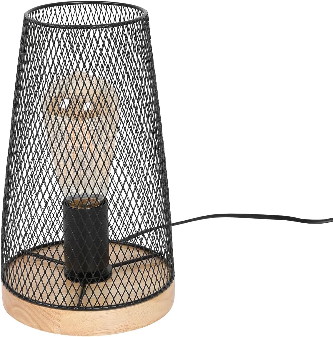 GOECO Lampa stołowa z kutego żelaza z drewnianym kloszem (15 * 25 cm) - Czarna, europejski włącznik 1,8 m