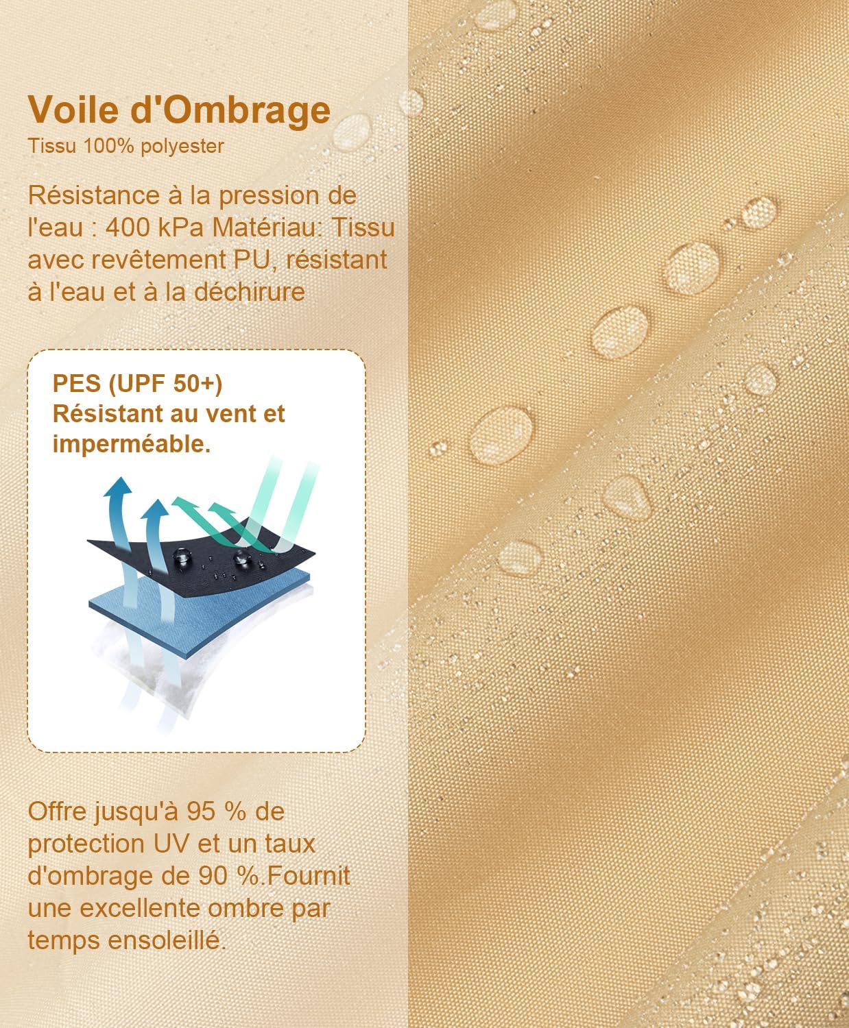 Voile d'ombrage Triangulaire 5x5x7.1m Imperméable à l'eau PES Toile d'ombrage Sable avec 95% de Protection UV pour Patio Extérieur Jardin - 2