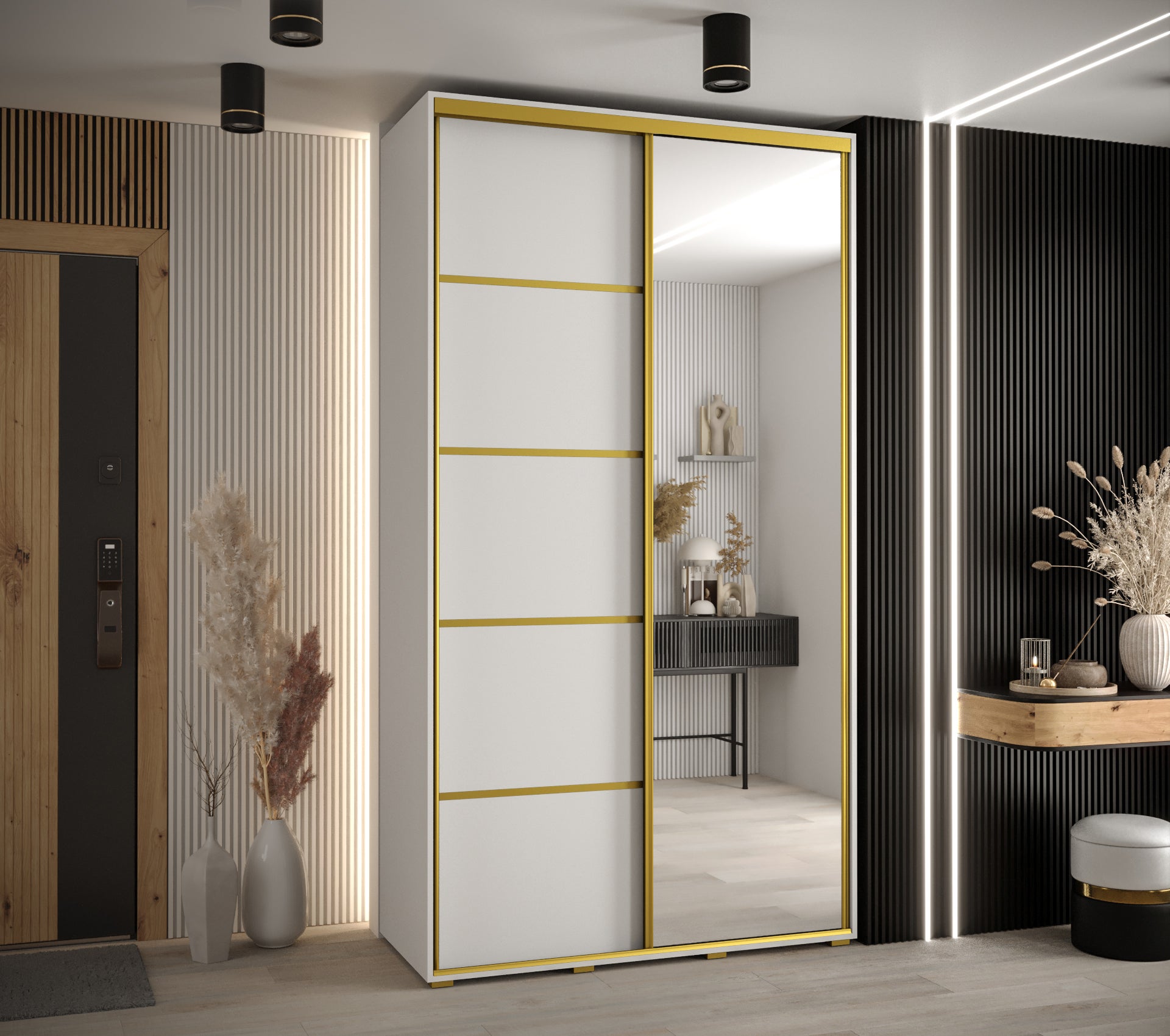 Szafa przesuwna z lustrem wysoka Davos 5 140 x 45 x 235,2 cm biały + biały + u. złoty - Abiks Meble - 2