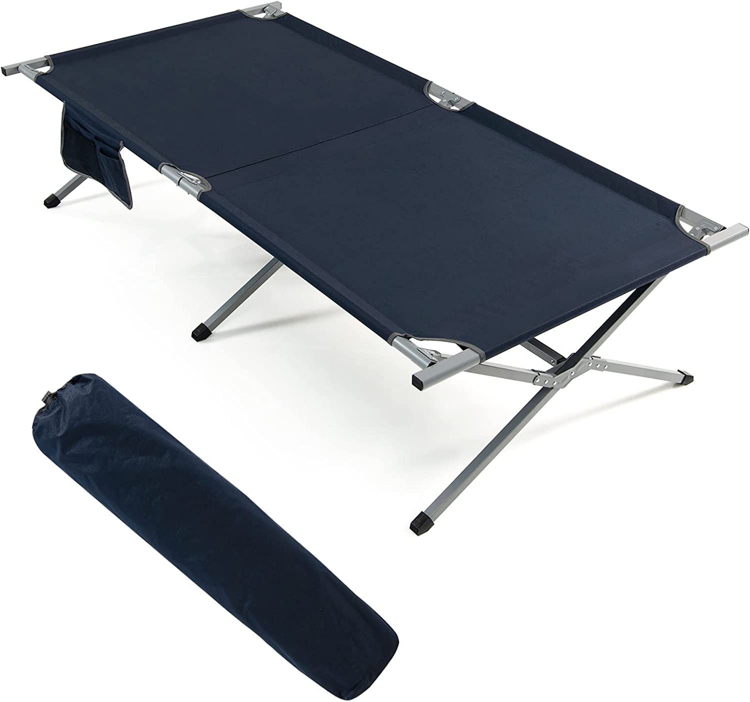Łóżko polowe XXL, 214,5 x 106 cm, łóżko kempingowe z kieszenią boczną, przenośny leżak kempingowy o obciążeniu do 150 kg