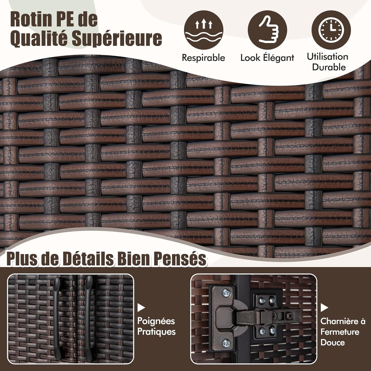 Armoire de Rangement, Armoire Intérieure en Osier PE, 4 Compartiments, Armoire Tringle Penderie, Armoire Extérieure,72 x 50 x 157 cm (Marron) - 4