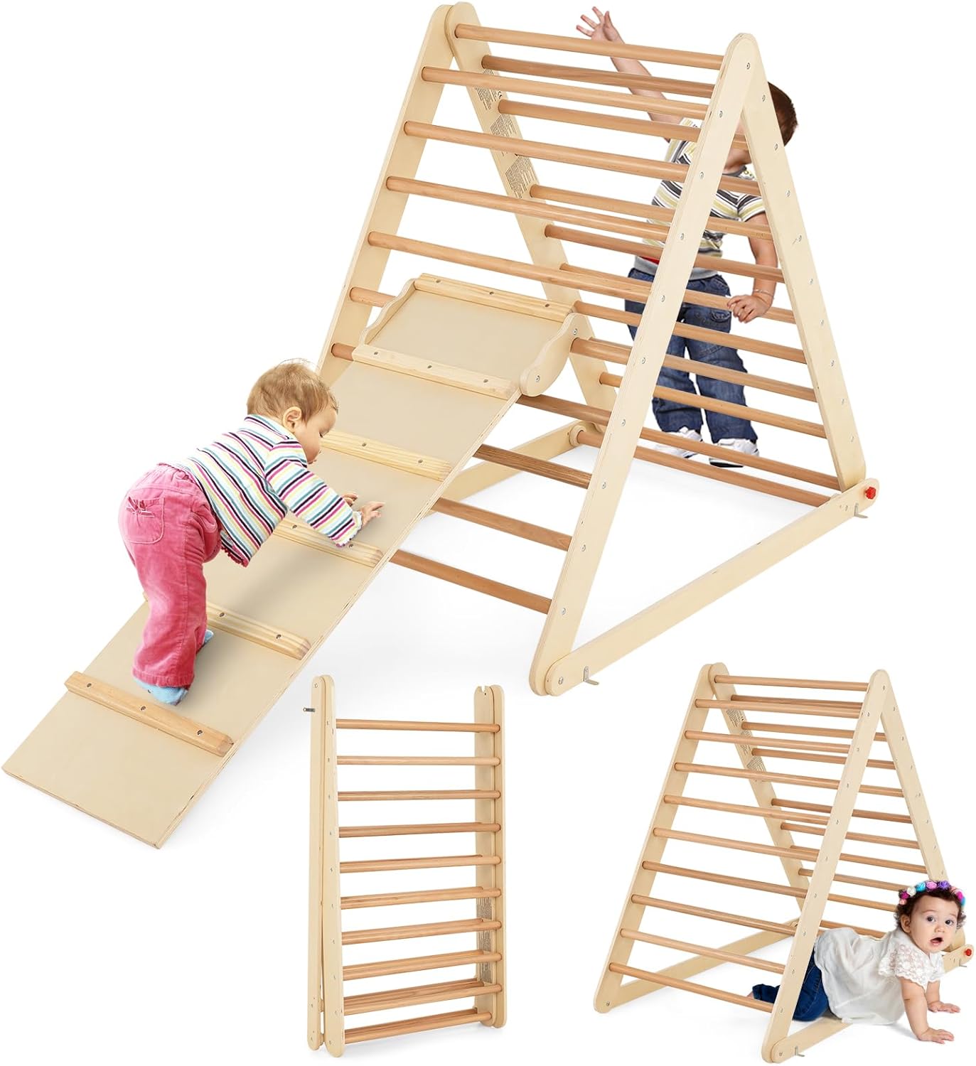 Trójkąt wspinaczkowy składany, rusztowanie do wspinaczki z drabinką z drewna, trójkąt szczebla do rozwijania zdolności motorycznych, (naturalny)