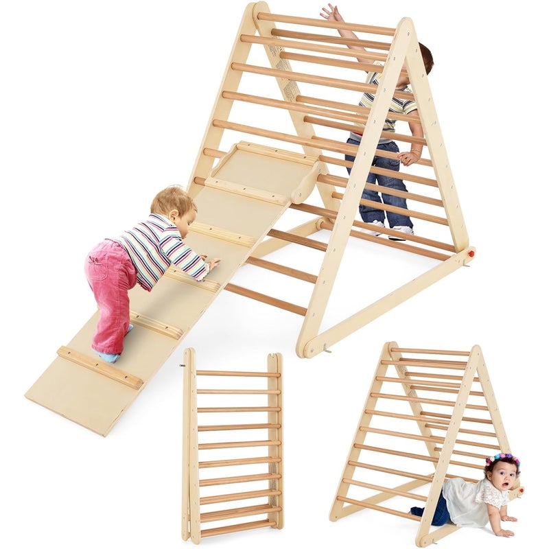 Trójkąt wspinaczkowy składany, rusztowanie do wspinaczki z drabinką z drewna, trójkąt szczebla do rozwijania zdolności motorycznych, (naturalny)