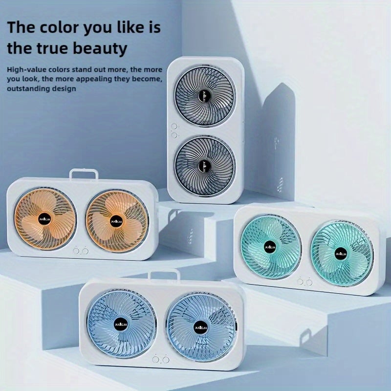 Przenośny Wentylator USB z Podwójną Głowicą, Cicha Praca, 3 Regulowane Prędkości, Biurkowy Wentylator Ścienny, Czarny