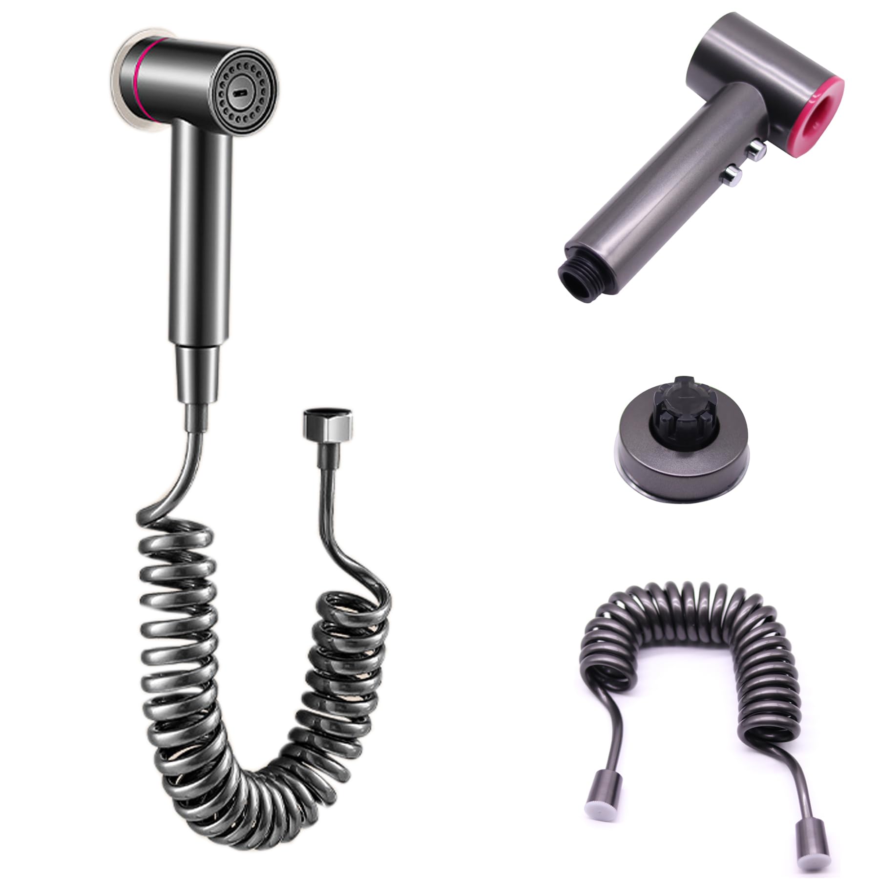 Ręczna trójdzielna spłuczka do WC, pistolet do spłukiwania bez perforacji, pistolet wysokociśnieniowy, pistolet + podstawa + wąż 2-metrowy, szary