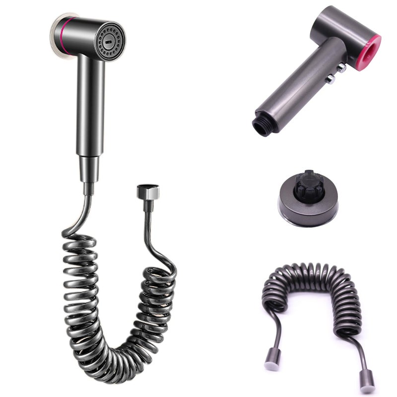 Ręczna trójdzielna spłuczka do WC, pistolet do spłukiwania bez perforacji, pistolet wysokociśnieniowy, pistolet + podstawa + wąż 2-metrowy, szary