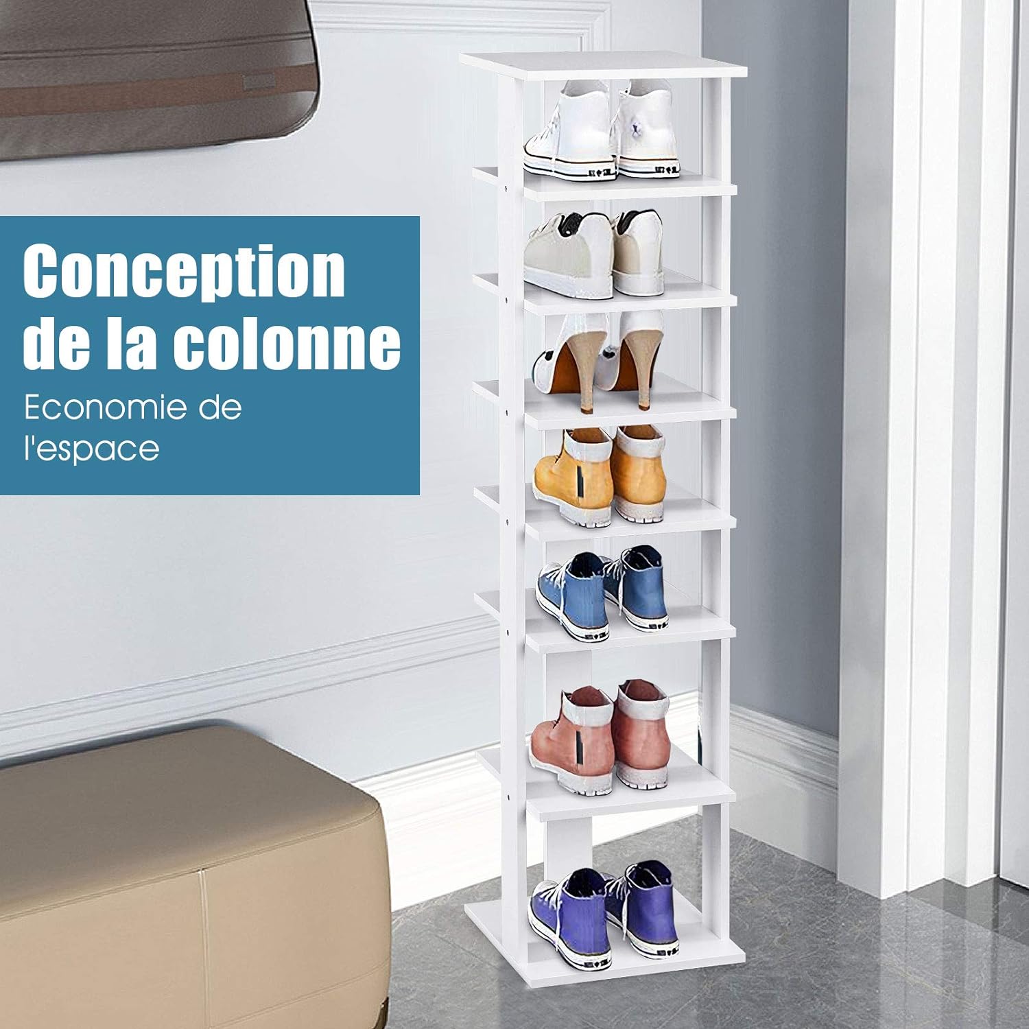 Étagère à Chaussures à 7 Niveaux, Range-Chaussures Vertical et Compact en Hauteur Différente, pour Couloir Salon Entrée 27,5 x 26,5 x 110 CM (Blanc) - 2