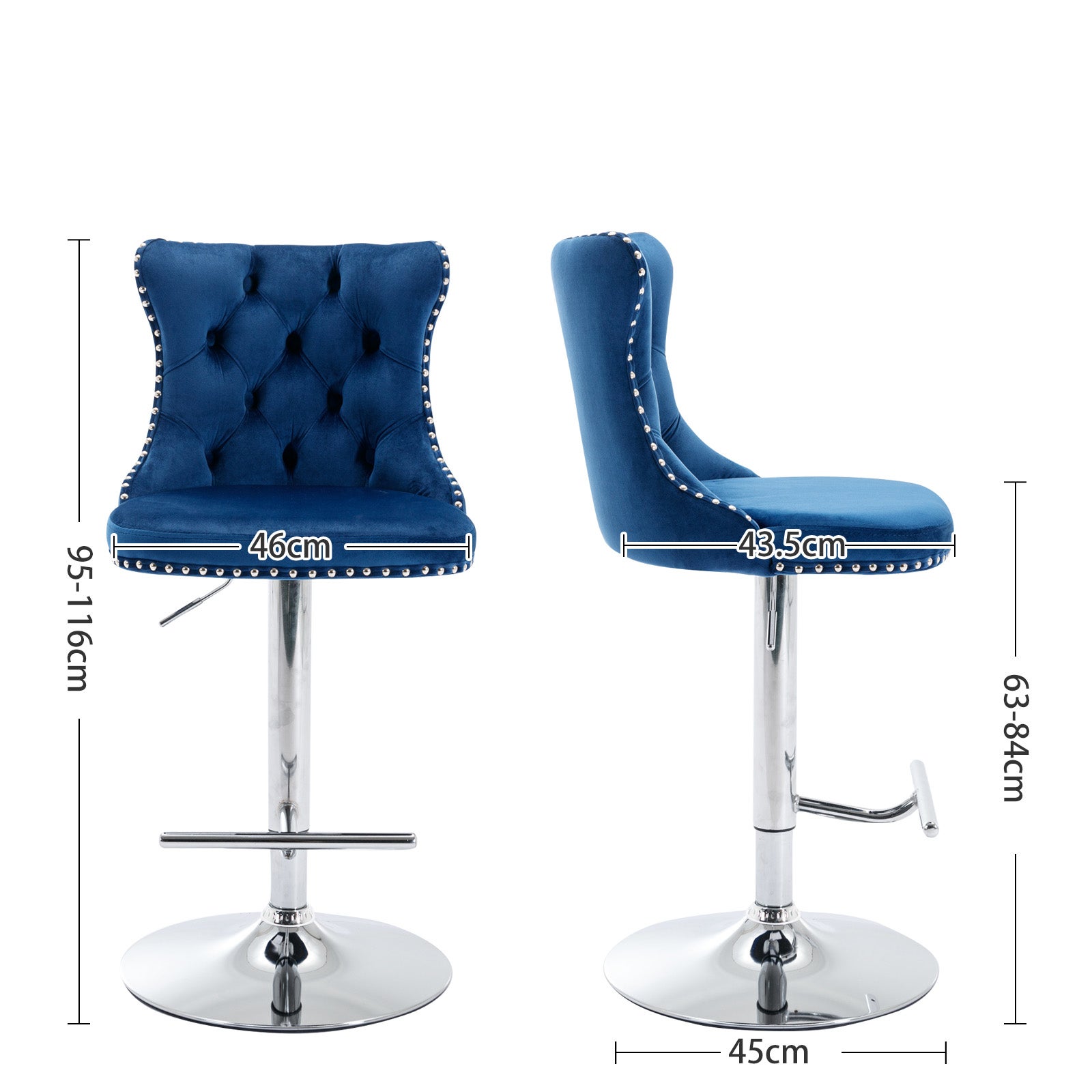 Tabouret de Bar Pivotant, Chaise de Bar Rembourrée, Lot de 2, Hauteur Réglable 63-84cm, Assise Velours avec Dossier et Base Chrome, Bleu - 4