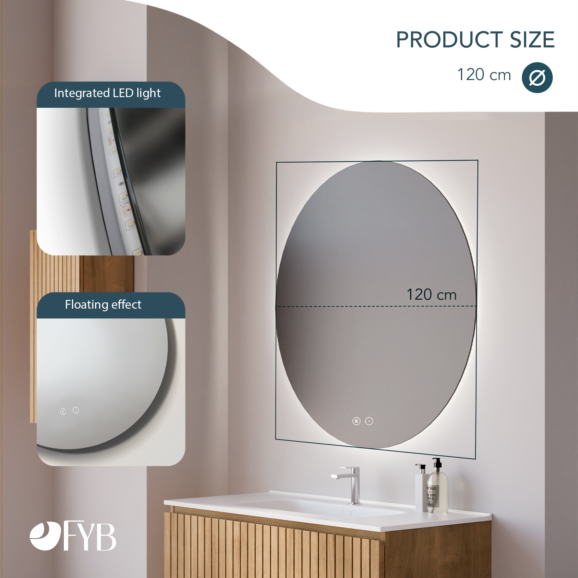 Miroir de Salle de Bains Rond LED Ø120 cm, Intensité Réglable, Antibuée ...