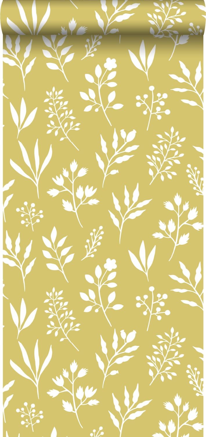Papel pintado diseño floral en estilo escandinavo amarillo ocre - 0,53 x 10,05 m - estahome