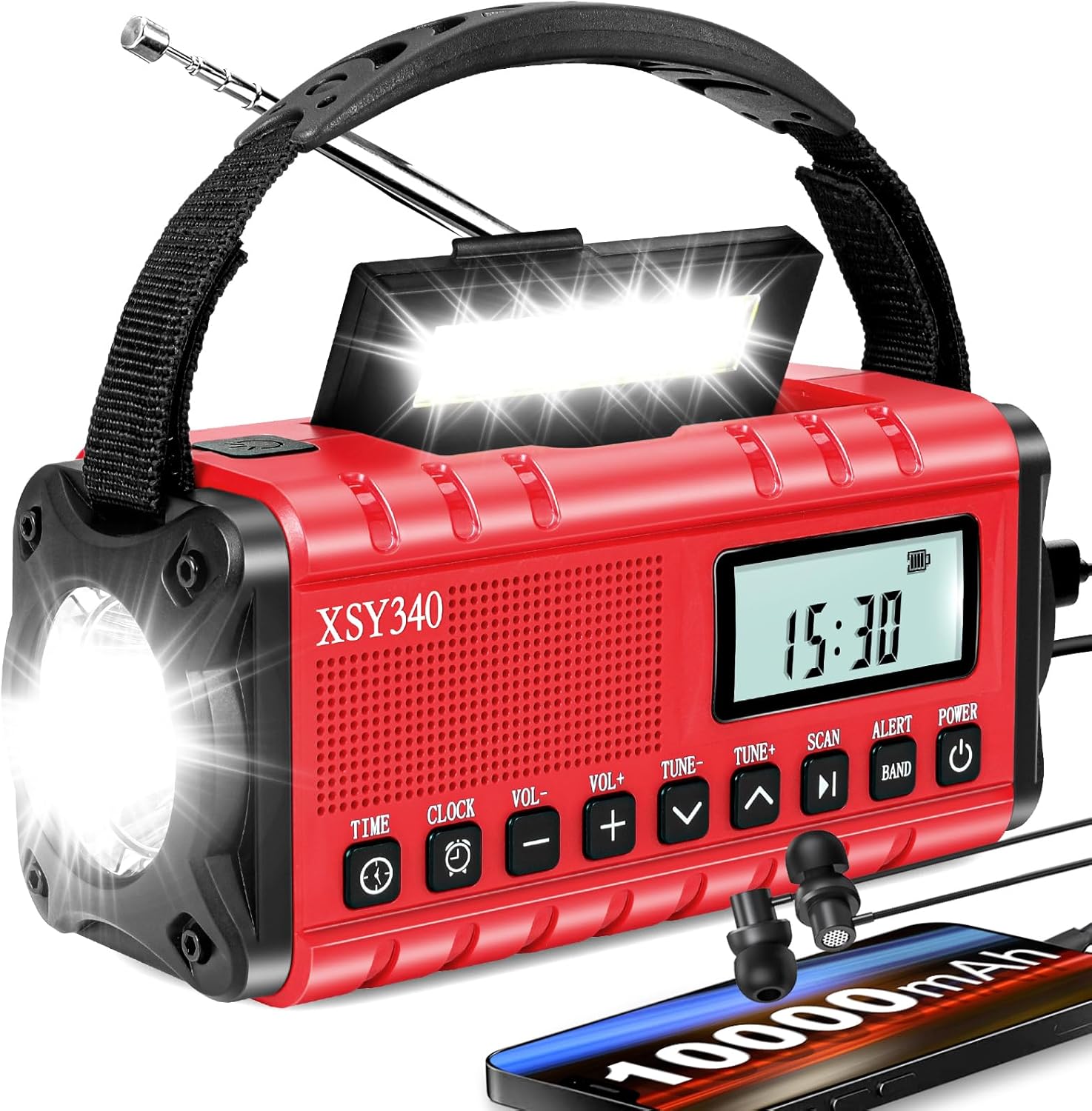 Radio z korbką o pojemności 10 000 mAh, radio AM/FM z alertami pogodowymi NOAA, 3 tryby pracy, radio zasilane energią słoneczną, słuchawki, SOS