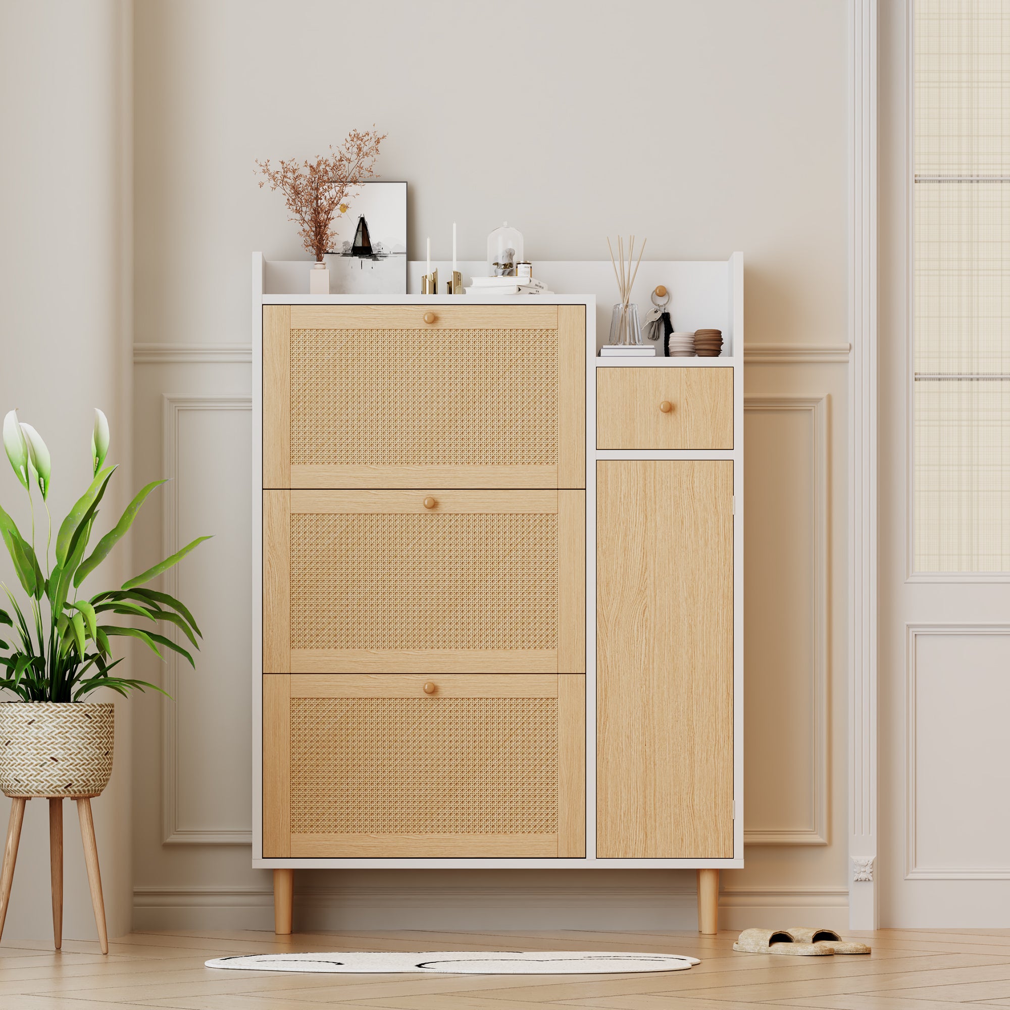 Scarpiera in legno e rattan - 3 ante a ribalta e 1 cassetto - ripiano regolabile - Naturale e Bianco - 2