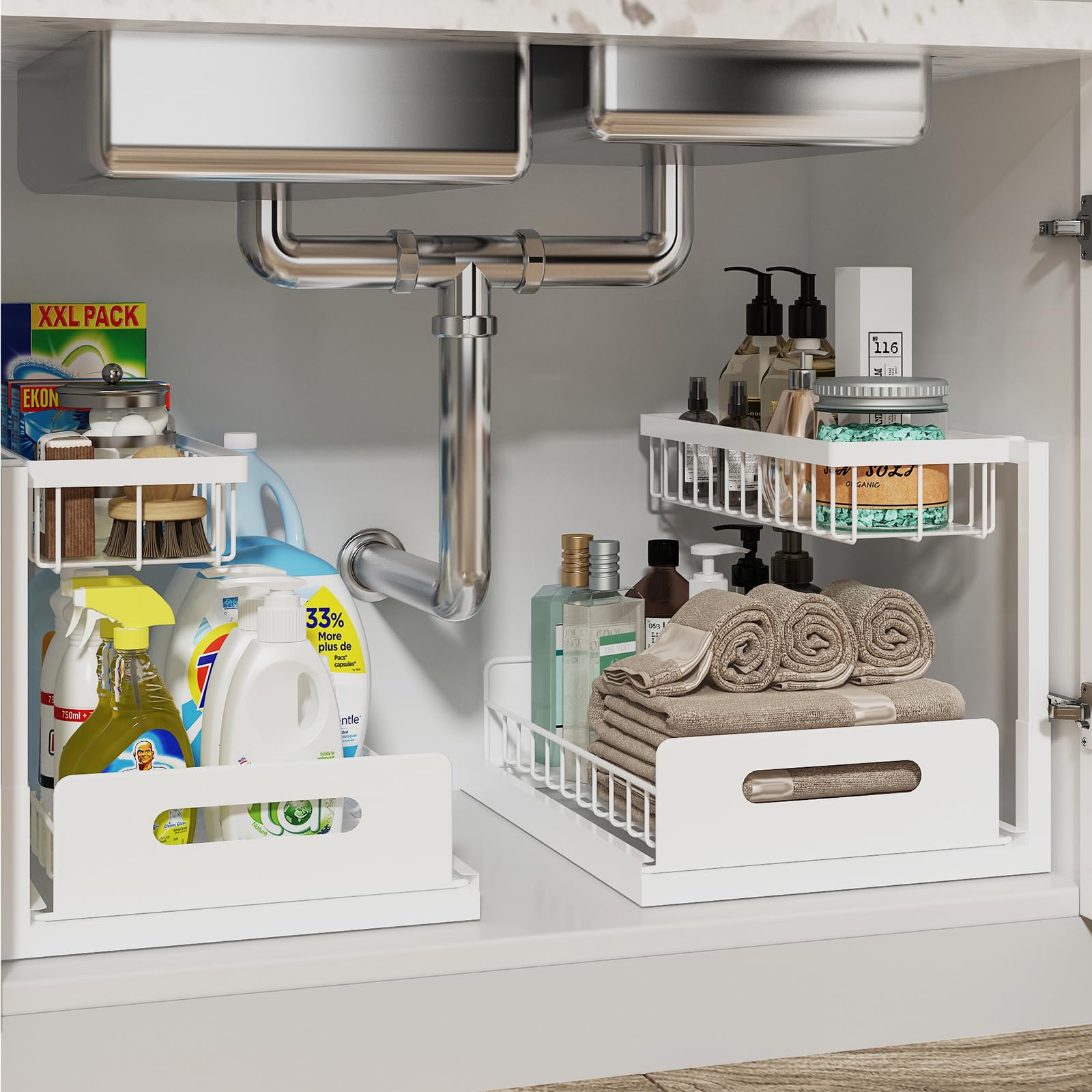 Organizador debajo del fregadero, almacenamiento para cocina y baño, blanco - 2