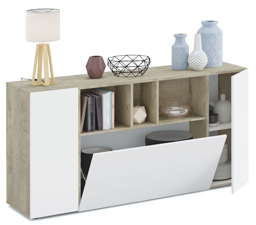 Buffet LOIRA - Mélaminé blanc artik et chene - 3 portes + 3 niches de rangement - L 150 x P 41 x H 76 cm - 2