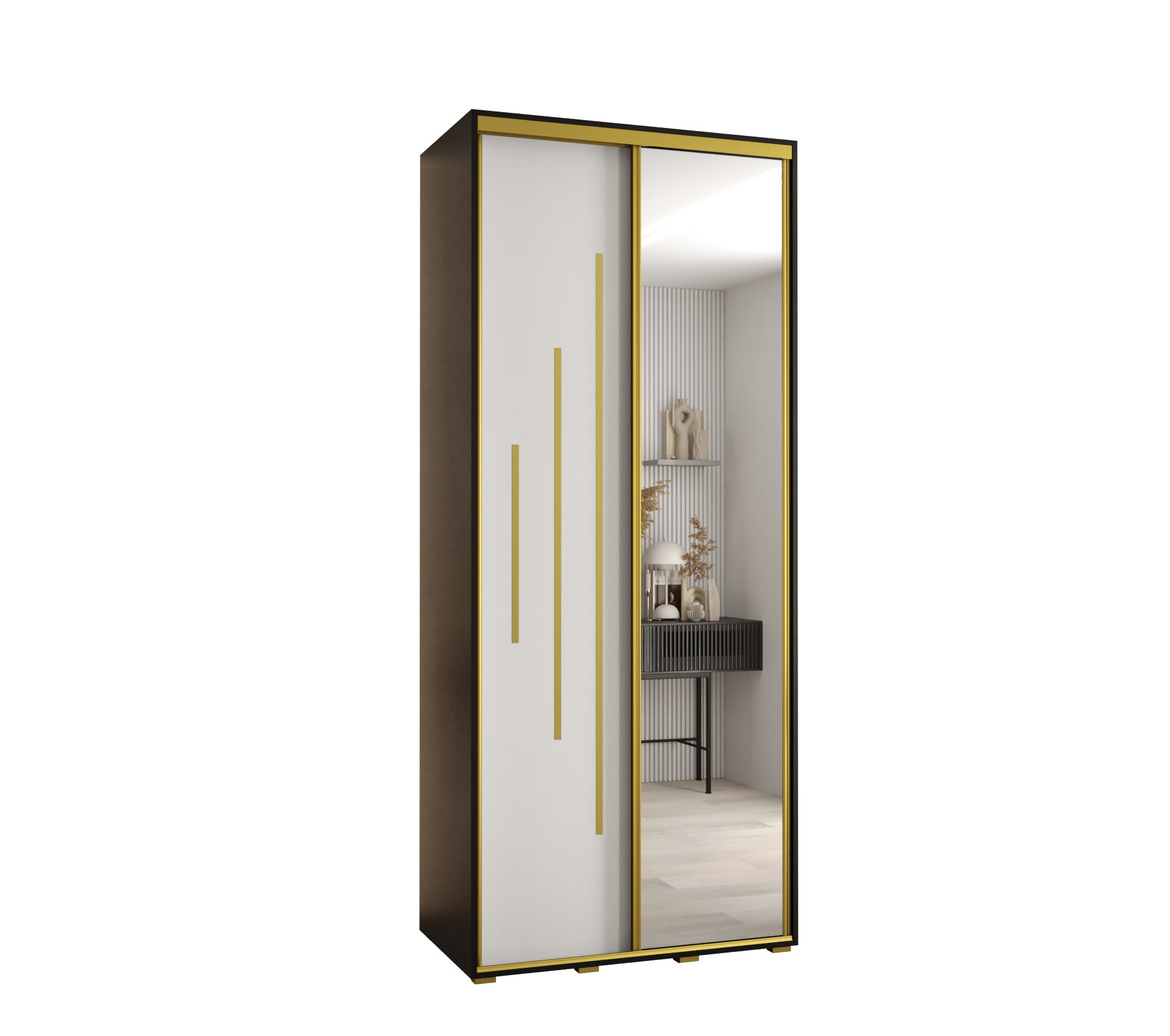Szafa przesuwna z lustrem wysoka Davos 13 120 x 60 x 235,2 cm czarny + biały + u. złoty - Abiks Meble