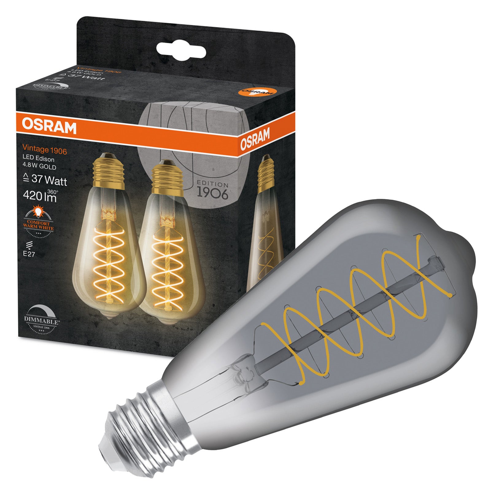 Żarówka LED Osram Dekoracyjna E27 Edison ST64 7.8W 360lm 1800K Ciepła biel 320st Dymiona Filament Ściemnialna 2 szt.