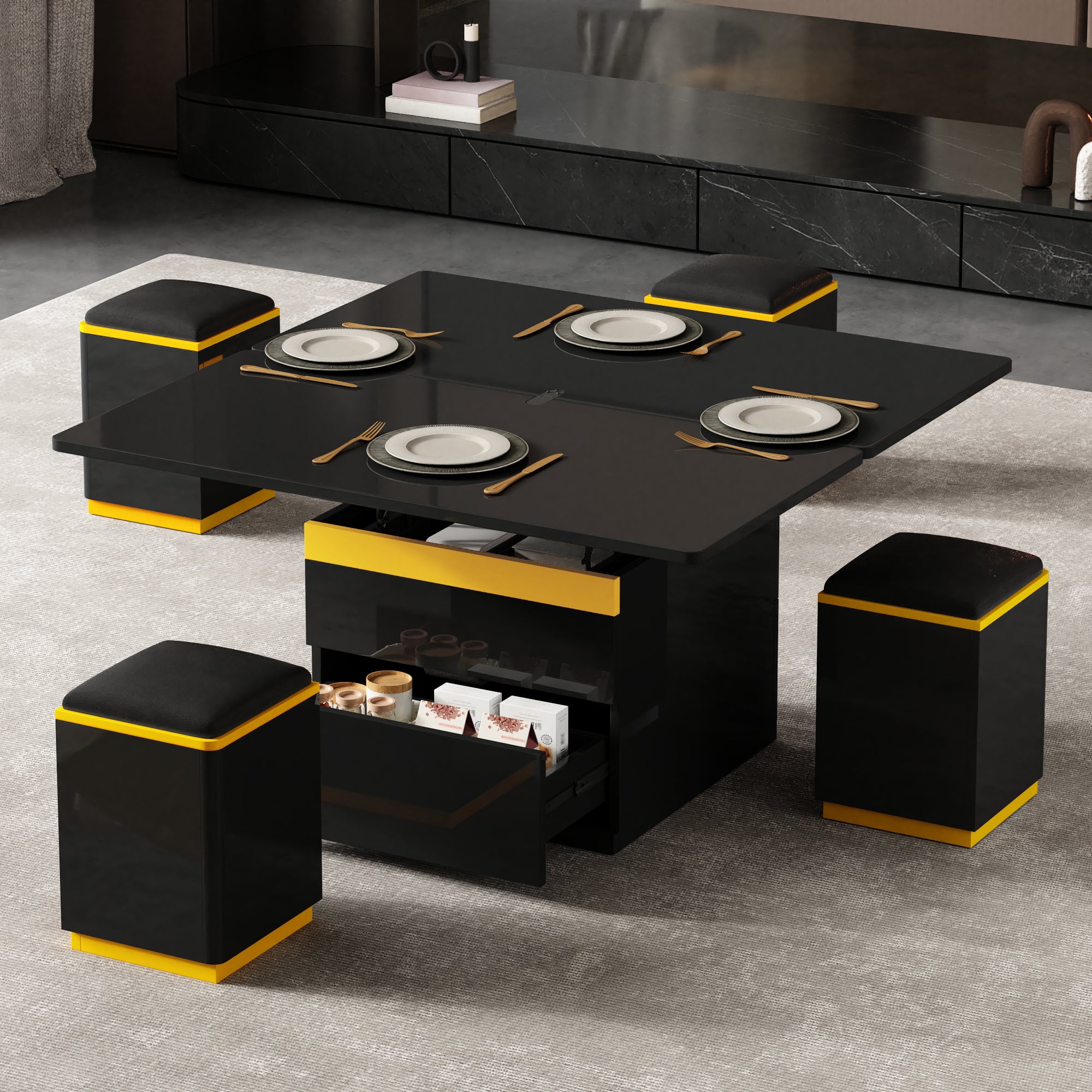 Stolik kawowy z podnoszonym blatem, 4 krzesłami i 2 szufladami – 100 x 50 x 43 cm – Płyta wiórowa + MDF – Czarny - 7