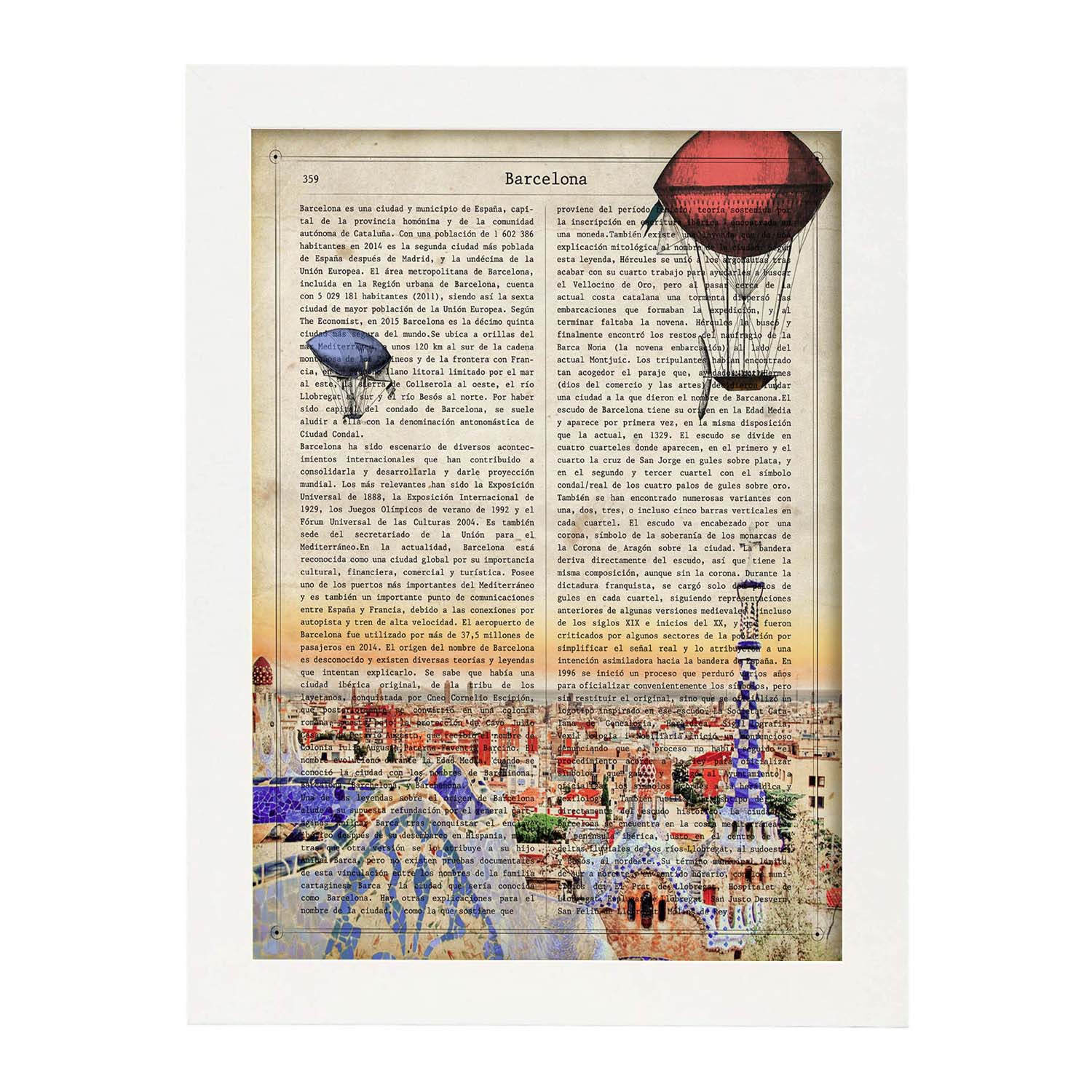 Lamina ciudad de barcelona. estilo vintage. ilustracion, fotografia y collage con la historia de barcelona. marco negro - a3