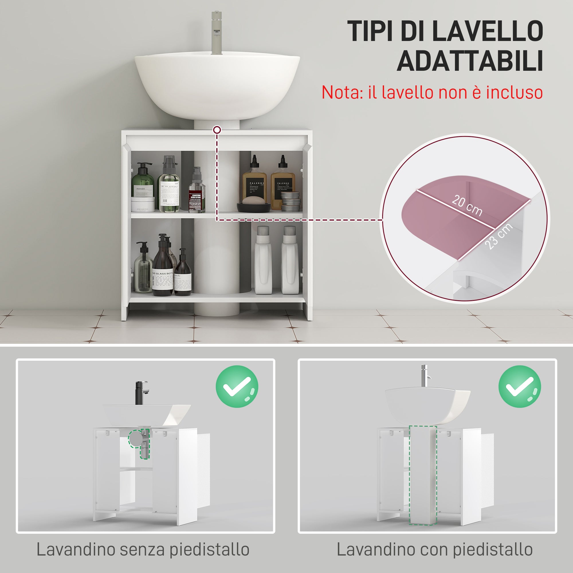 HOMCOM Mobile Sottolavabo Bagno con 2 Ante Decorate e Intaglio a U per Tubi, 60x30x60cm, Bianco - 4