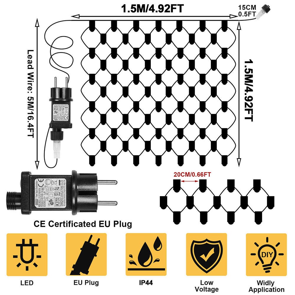 Ghirlanda luminosa, 94 LED, alimentazione a rete, 1.5 m x 1.5 m, 8 modalità, ghirlande luminose con regolatore, decorazioni per Natale - Bianco caldo - 3