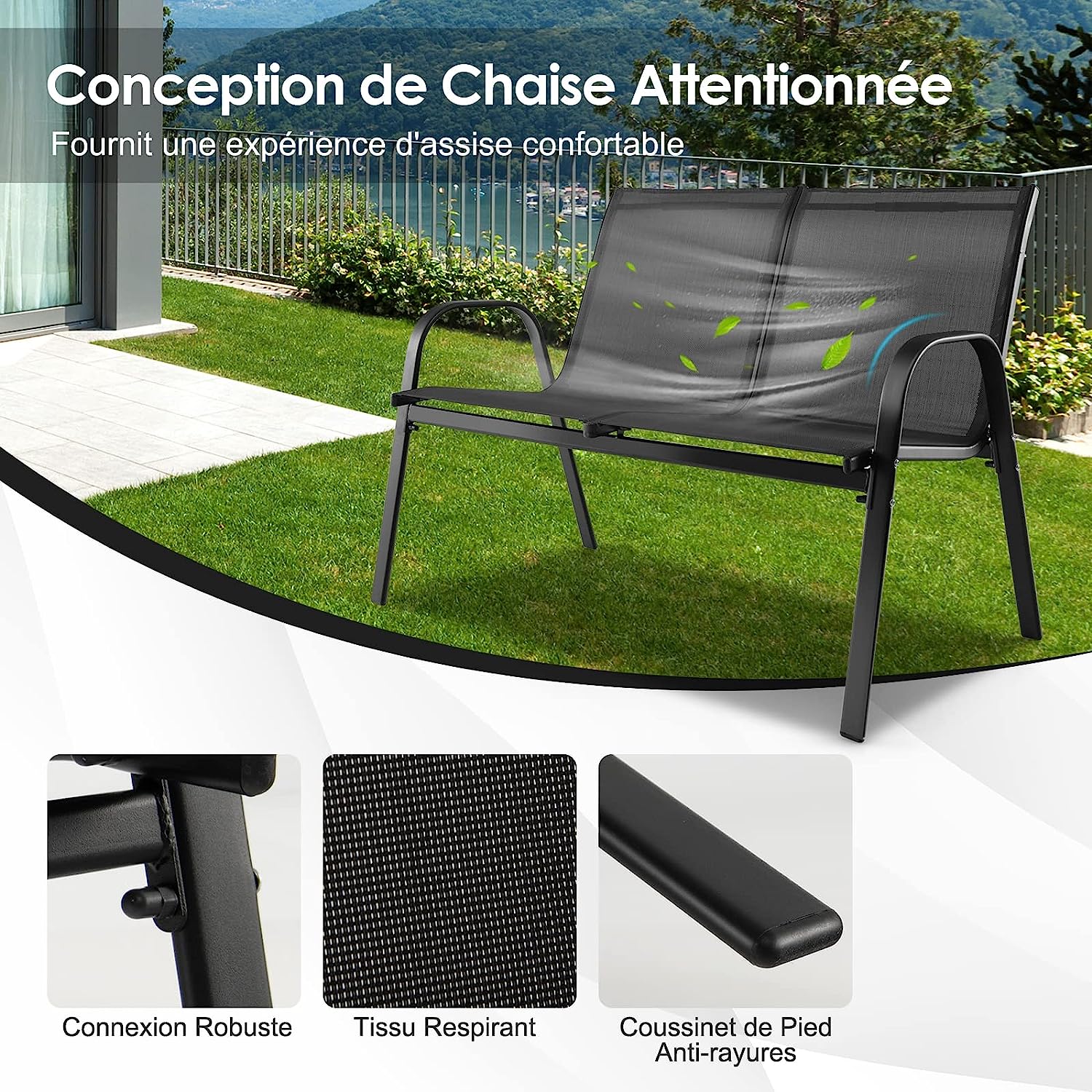 Ensemble Salon de Jardin 4 Pièces, 2 Fauteuils 1 Canapé 1 Table Basse en Verre, Gris - 2