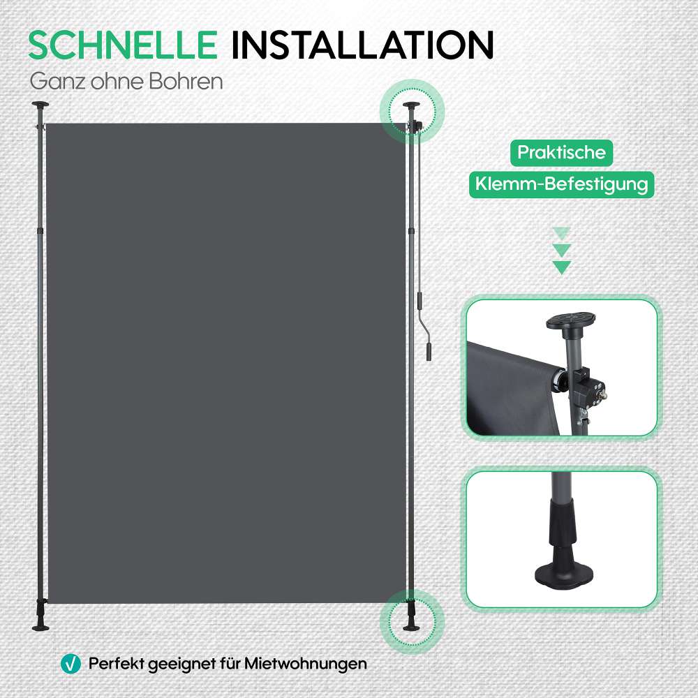 Store banne extérieur vertical sans perçage, pare-vue balcon terrasse, polyester anthracite 120x270cm, protection vent UV, avec manivelle - 8