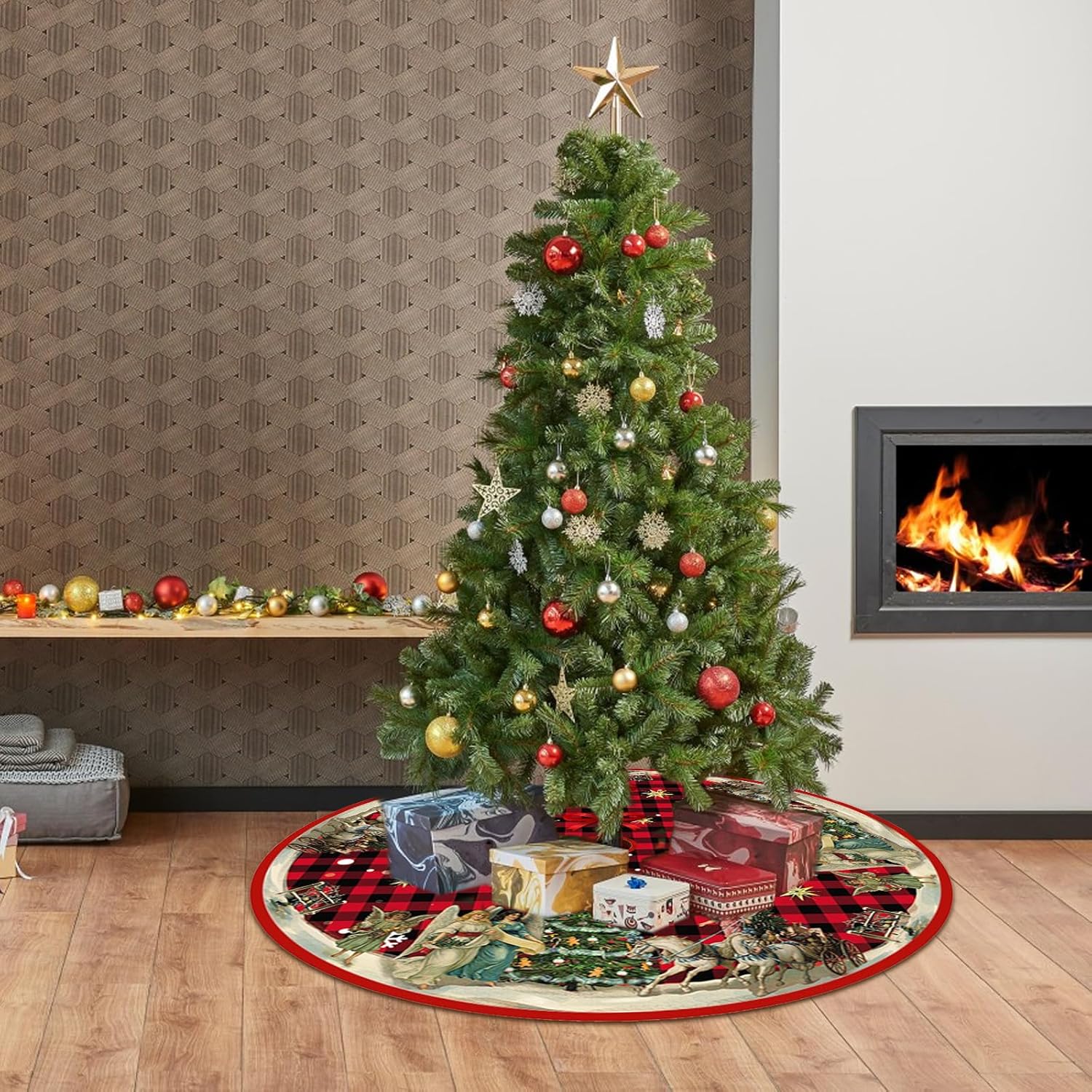 Saia para árvore de Natal, estampa de anjos, decoração para a base da árvore de Natal, 120 cm de diâmetro - 3
