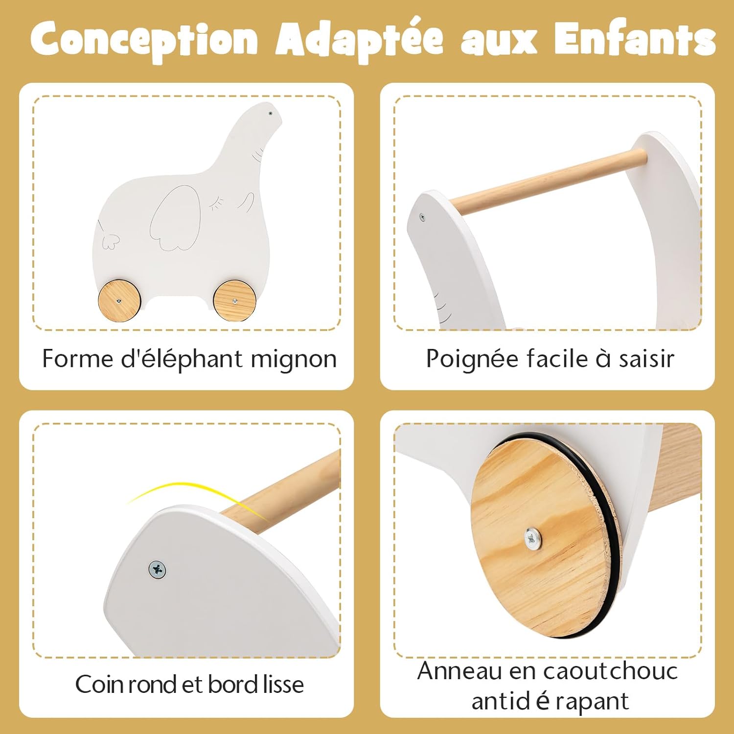 Trotteur Bois Bébé, Chariot de Marche 2 en1 avec Coffre à Jouets, Marcheur Enfant 1+ Ans Forme d'Éléphant, Parfait Cadeau pour Enfants - 5