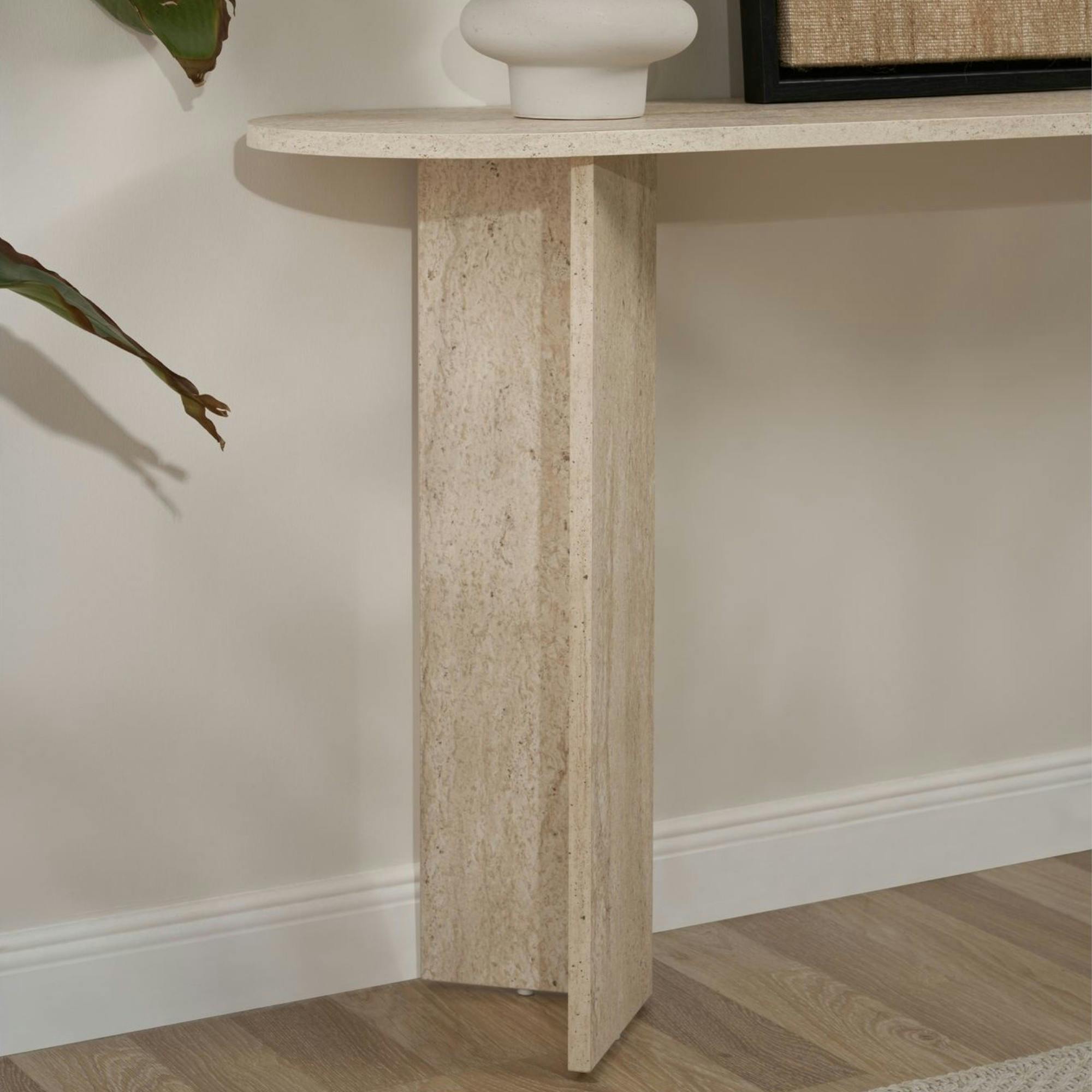 Console de salon ovale effet travertin - pieds en V MARFA - 6