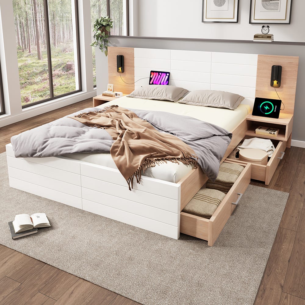 Lit avec rangement 140x200 cm avec 2 chevets 2 tiroirs tête de lit avec ...