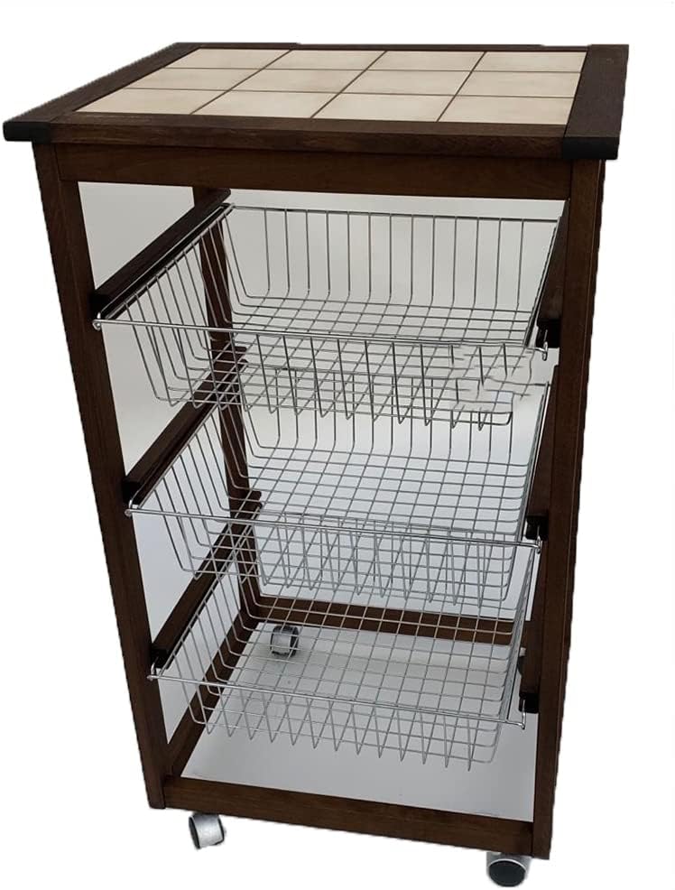 Carrello Da Cucina In Legno Di Faggio Con 4 Cestini E Cassetto - Rivestito In Ceramica - Made In Italy