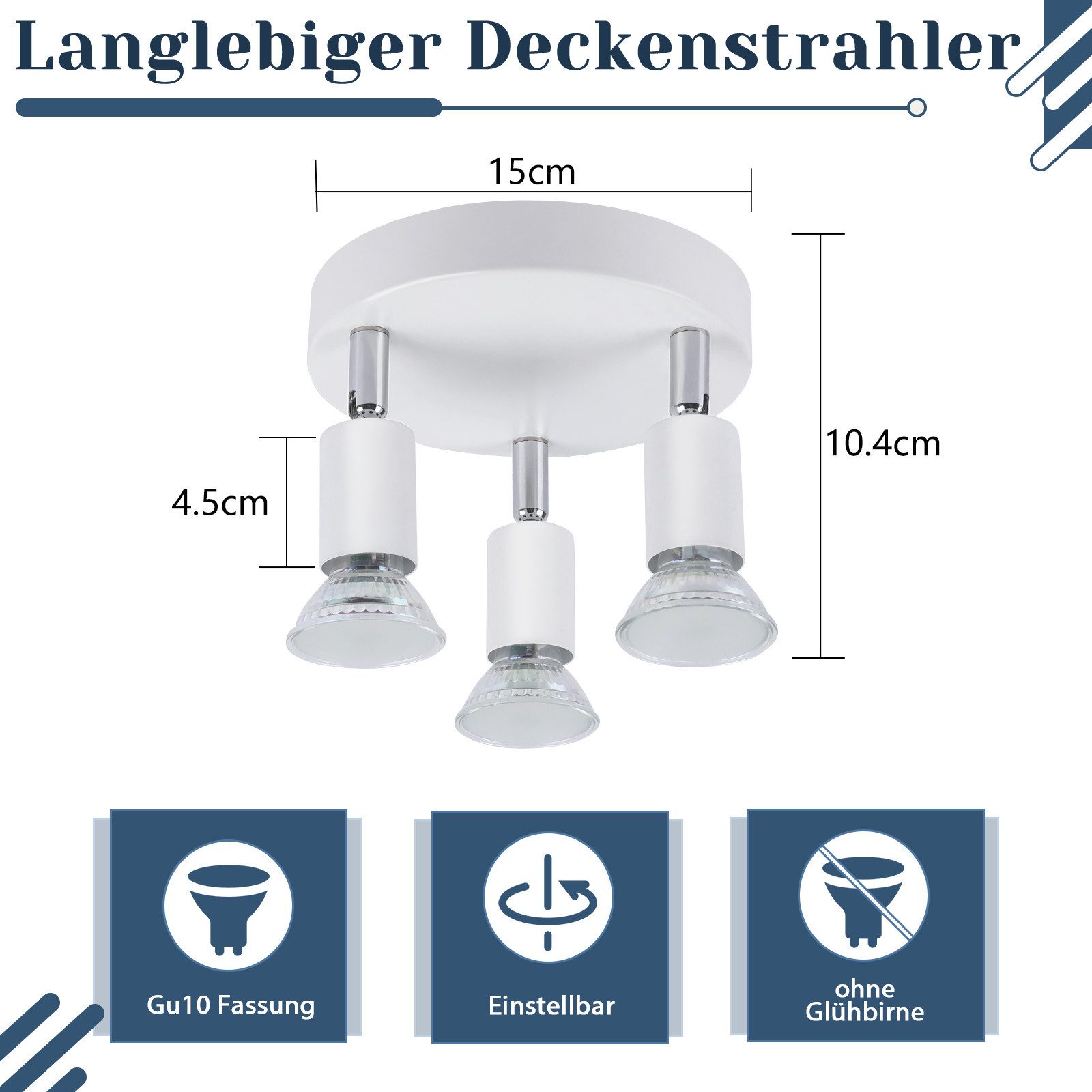 NETTLIFE Lámpara de Techo LED GU10 - 3 Focos de Techo Redondos Modernos de 350° para Cocinas Pasillo Dormitorio Sala de Estar - Sin Bombilla blanca - 4