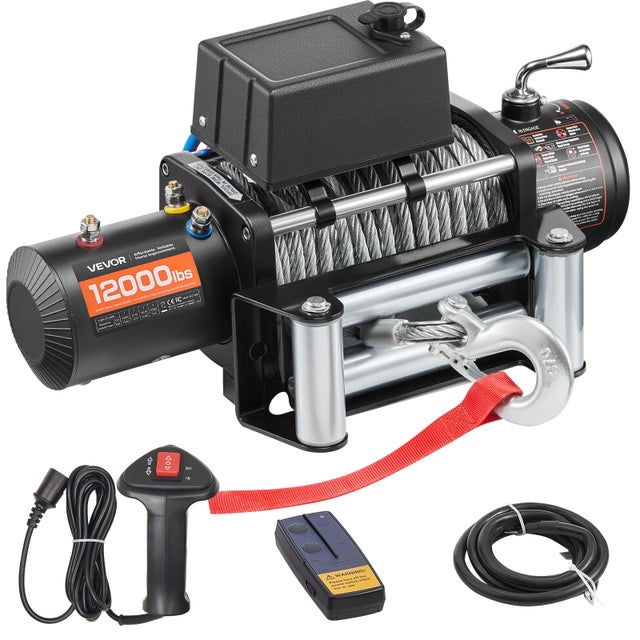 Treuil Électrique VEVOR, 12 V CC Charge 5400 kg, avec Câble en Acier 9,1 mm x 26 m, Télécommande sans Fil et Filaire, pour Remorquage de SUV, Jeeps