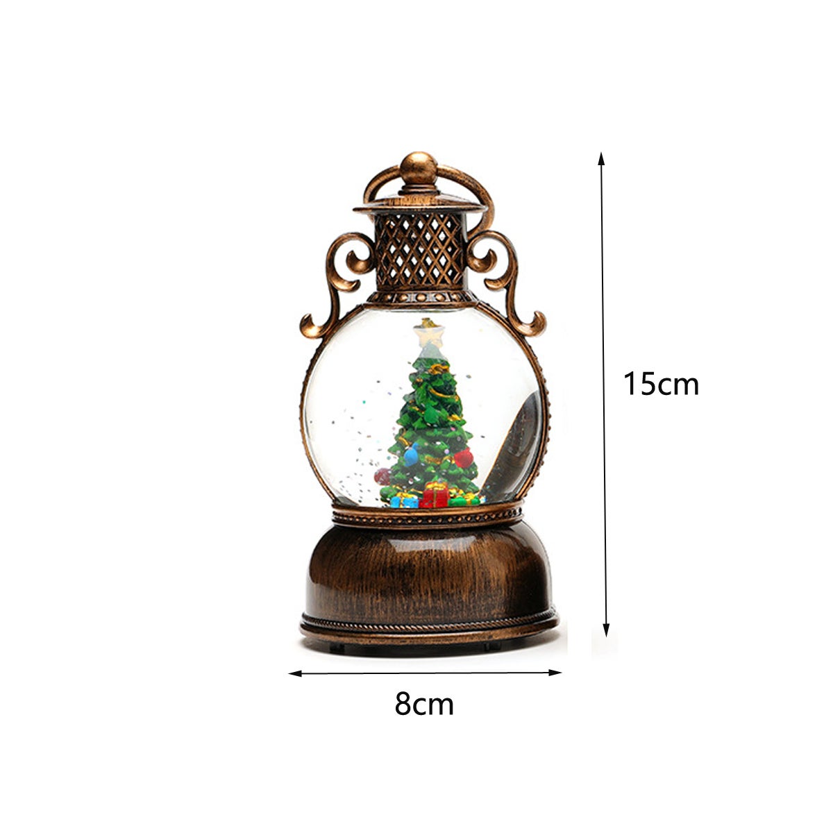 Lanterne Boule à Neige Noël Rétro – Globe Lumineux Musical Rotatif Paillettes USB/Batterie + Timer 6h