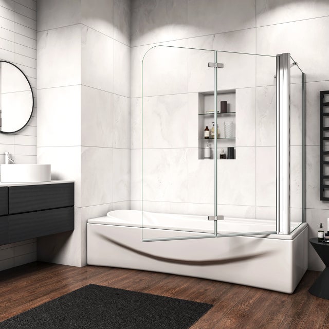 Parete Vasca da Bagno con Lato Fisso Angolare 100x70 cm Alta 140 cm Vetro Temperato Trasparente Anticalcare 6 mm Barra Stabilizzatrice