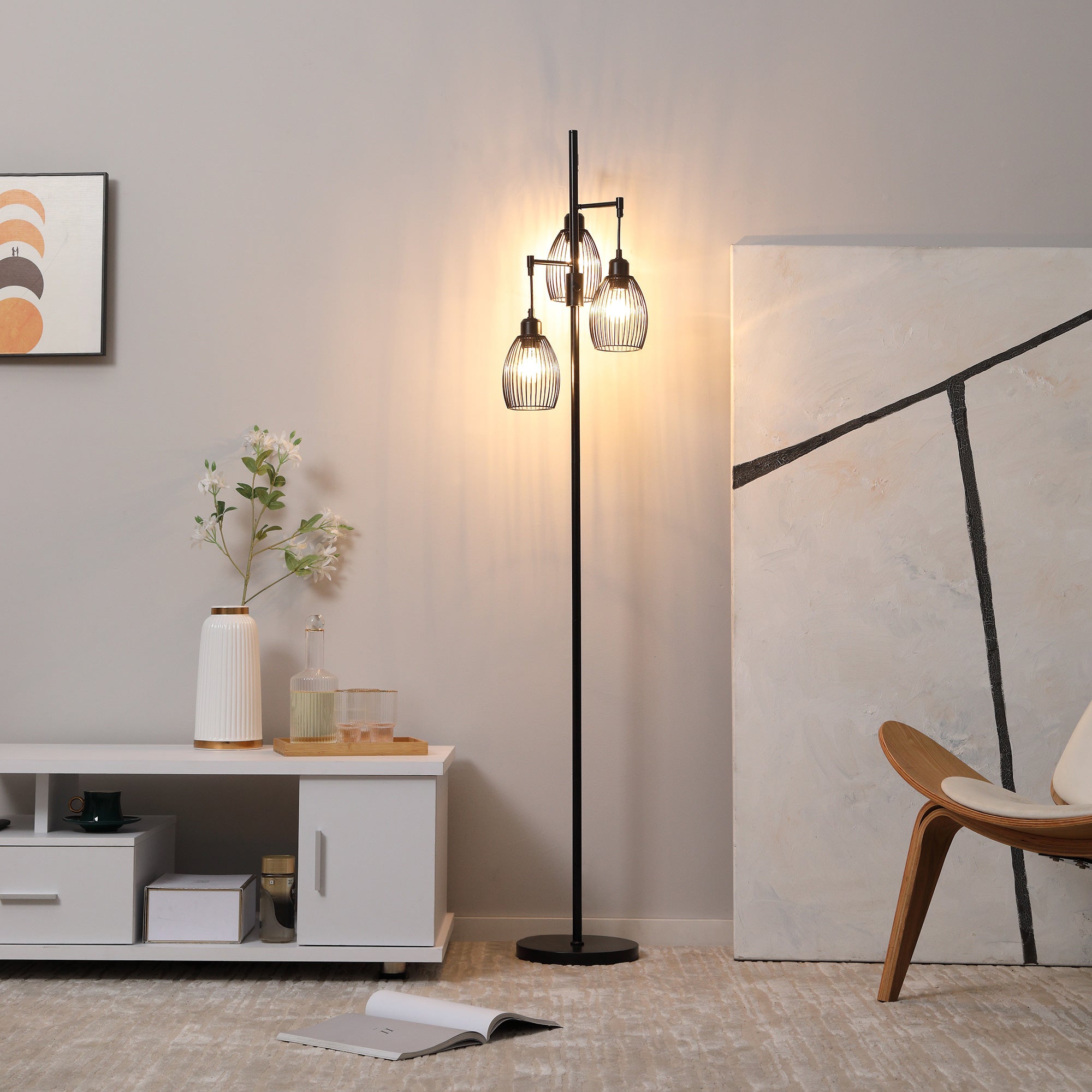 Lampadaire - HOMCOM - style industriel 40 W max 3 abat-jours métal filaire E27 - métal - noir - 2