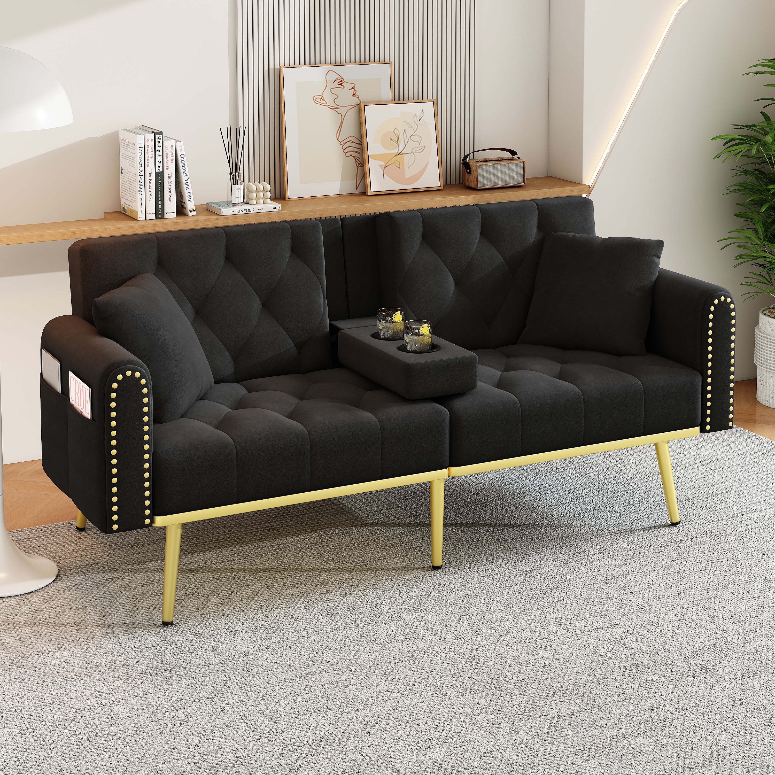 Sofa rozkładana 2-osobowa z aksamitu - 3-stopniowa regulacja oparcia - 175 x 80 x 73,5 cm - Złote metalowe nogi - Czarny