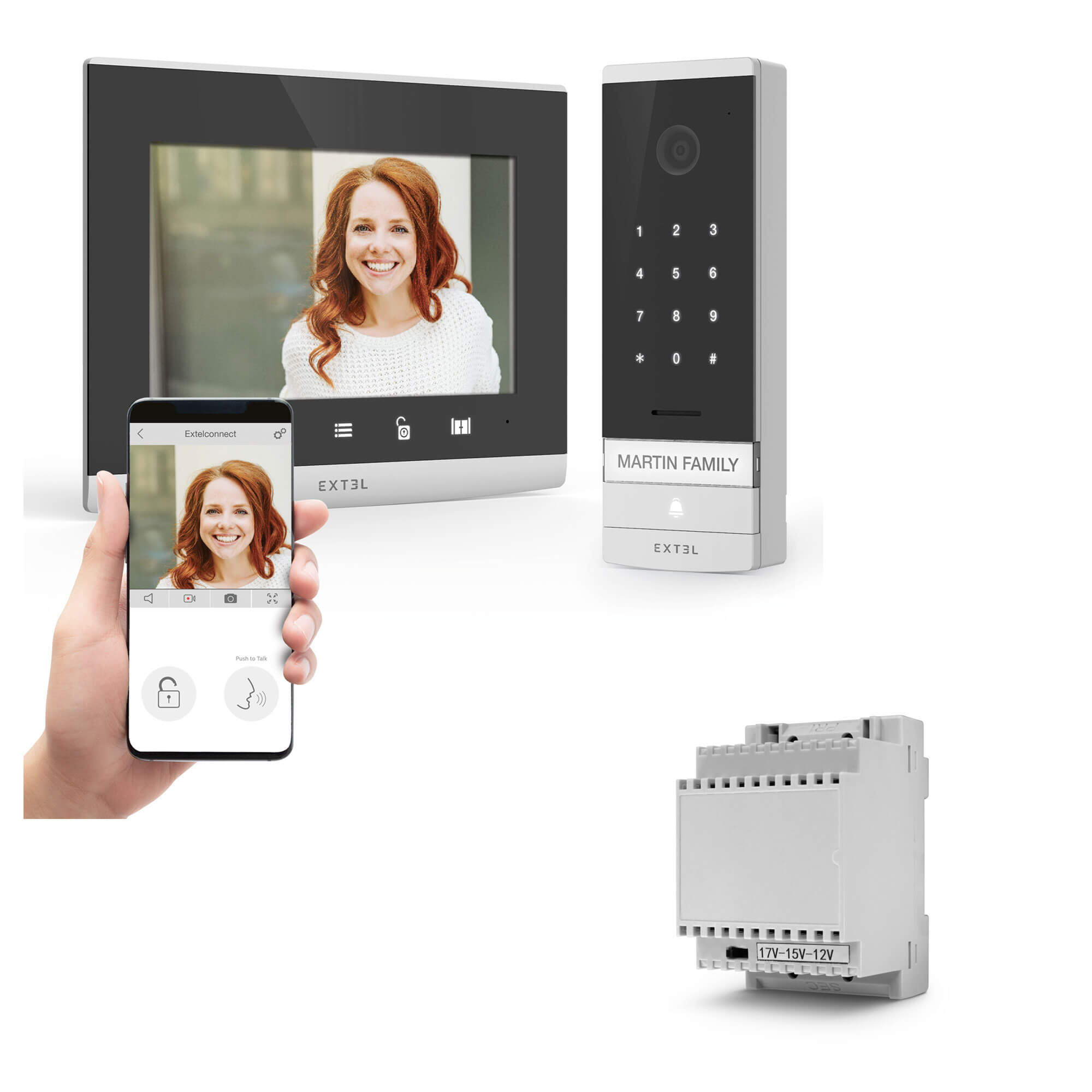 Kit videoportero con cable extel code connect con código digital integrado y transformador rail din