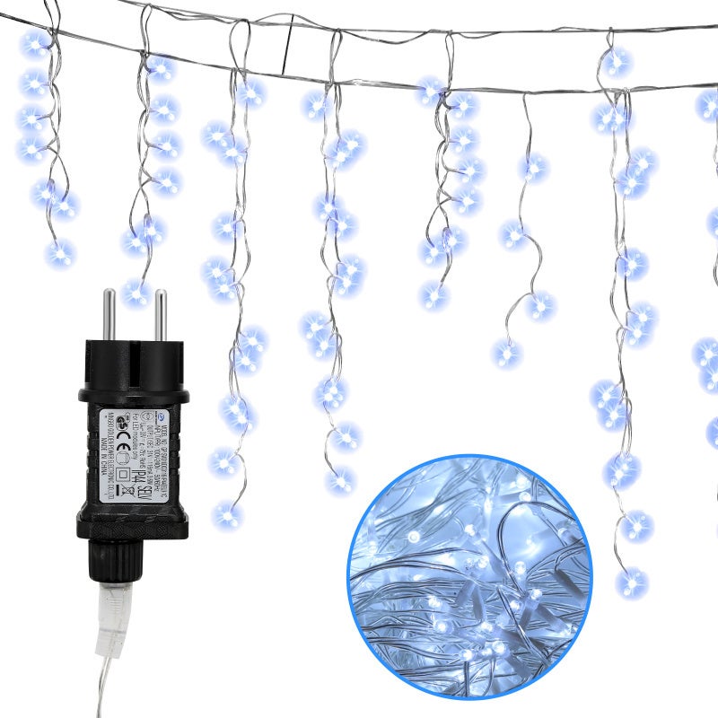 Kurtyny świetlne, 10 m, 200 diod LED, zewnętrzne, świąteczne, 8 trybów, wodoodporność IP44, zimna biel